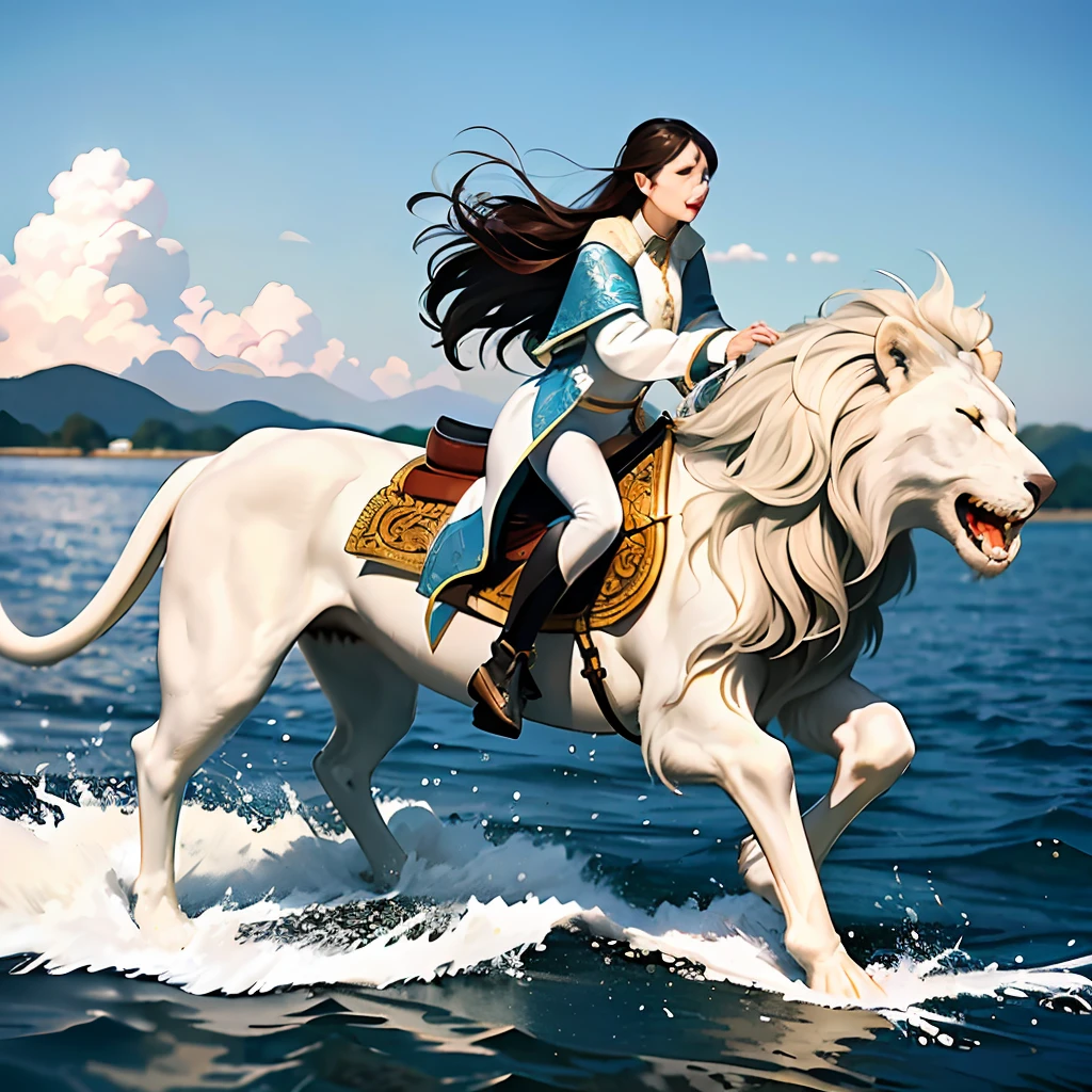 woman and white lion walking on water,intricately complex fantasy design,