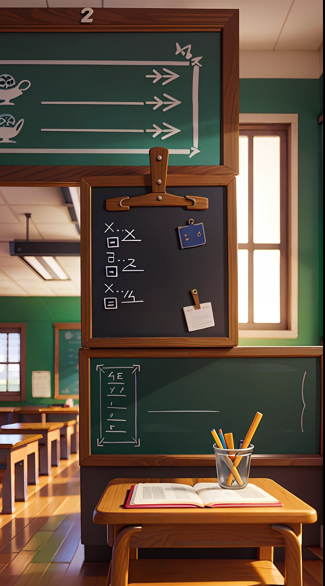 Masterpiece, best quality, school, classroom, desk books, blackboard