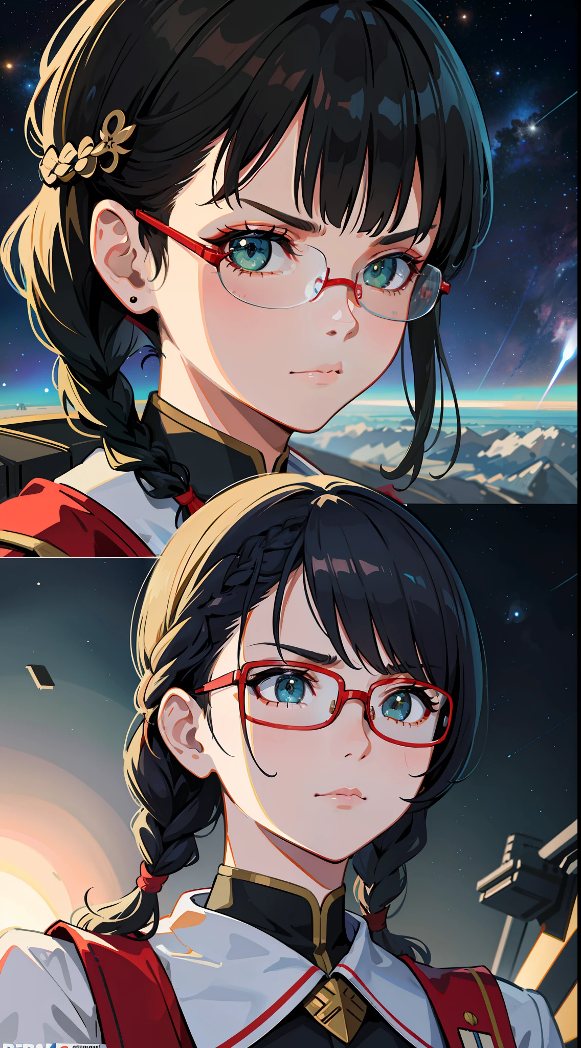 Movie Poster,((Braid Hairstyle : 1.5)),Anime Reference 86 ,Science Fiction,Sci-Fi,Movies,War Action Movies,Space,Atmosphere,Sky,Battleship,Multiple Characters,Women,Adults,Green Eyes,Black Hair,(Pia bangs hairstyle) : 1.8 ),(Red Glasses),General Uniform,White Commander Uniform,Serious Face Frowning,Realistic Face Detail,Realism,3D Face,