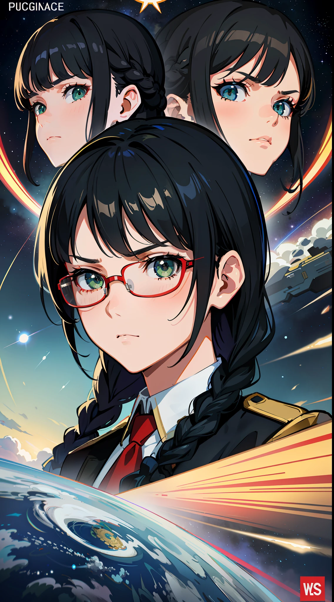 Movie Poster,((Braid Hairstyle : 1.5)),Anime Reference 86 ,Science Fiction,Sci-Fi,Movies,War Action Movies,Space,Atmosphere,Sky,Battleship,Multiple Characters,Women,Adults,Green Eyes,Black Hair,(Pia bangs hairstyle) : 1.8 ),(Red Glasses),General Uniform,White Commander Uniform,Serious Face Frowning,Realistic Face Detail,Realism,3D Face,