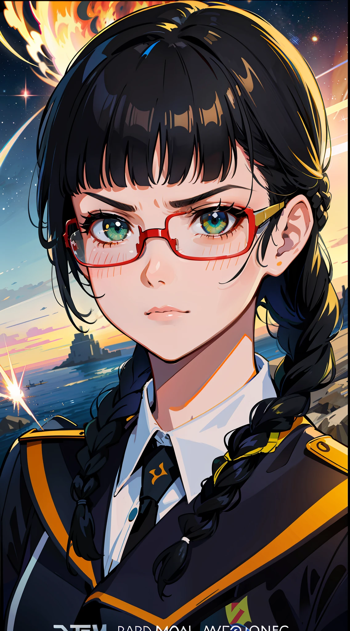 Movie Poster,((Braid Hairstyle : 1.5)),Anime Reference 86 ,Science Fiction,Sci-Fi,Movies,War Action Movies,Space,Atmosphere,Sky,Battleship,Multiple Characters,Women,Adults,Green Eyes,Black Hair,(Pia bangs hairstyle) : 1.8 ),(Red Glasses),General Uniform,White Commander Uniform,Serious Face Frowning,Realistic Face Detail,Realism,3D Face,