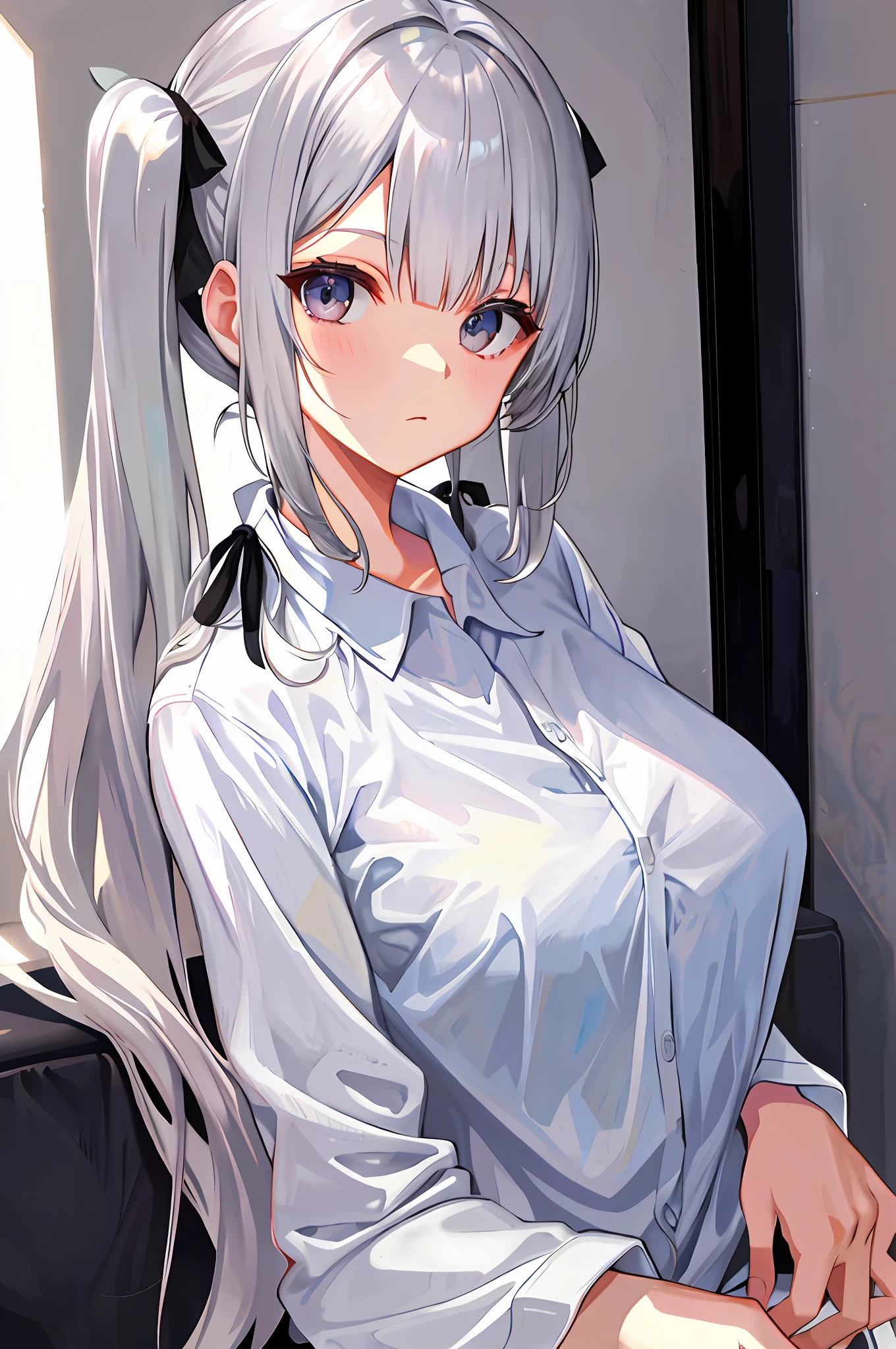 Silver hair, twin tails, bare, big, white shirt
