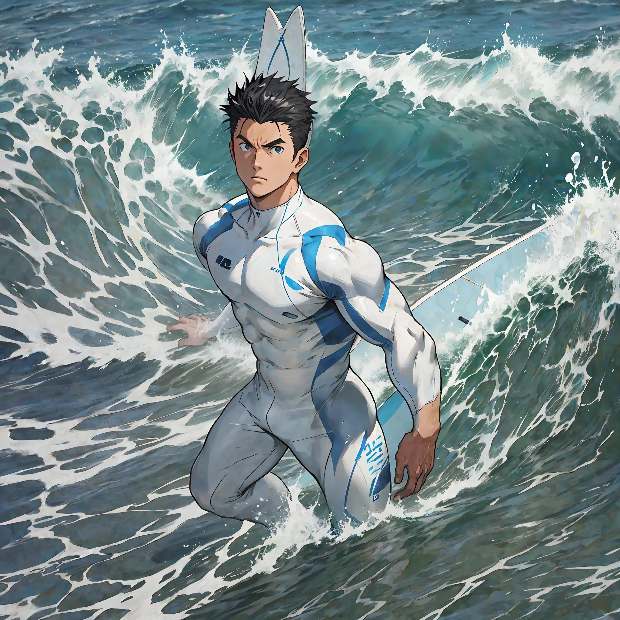 Anime characters in white wetsuits surfing in the ocean with surfboard, male focus, crotch bulge, crotch bulge, surfboard, waves, splash, briefs