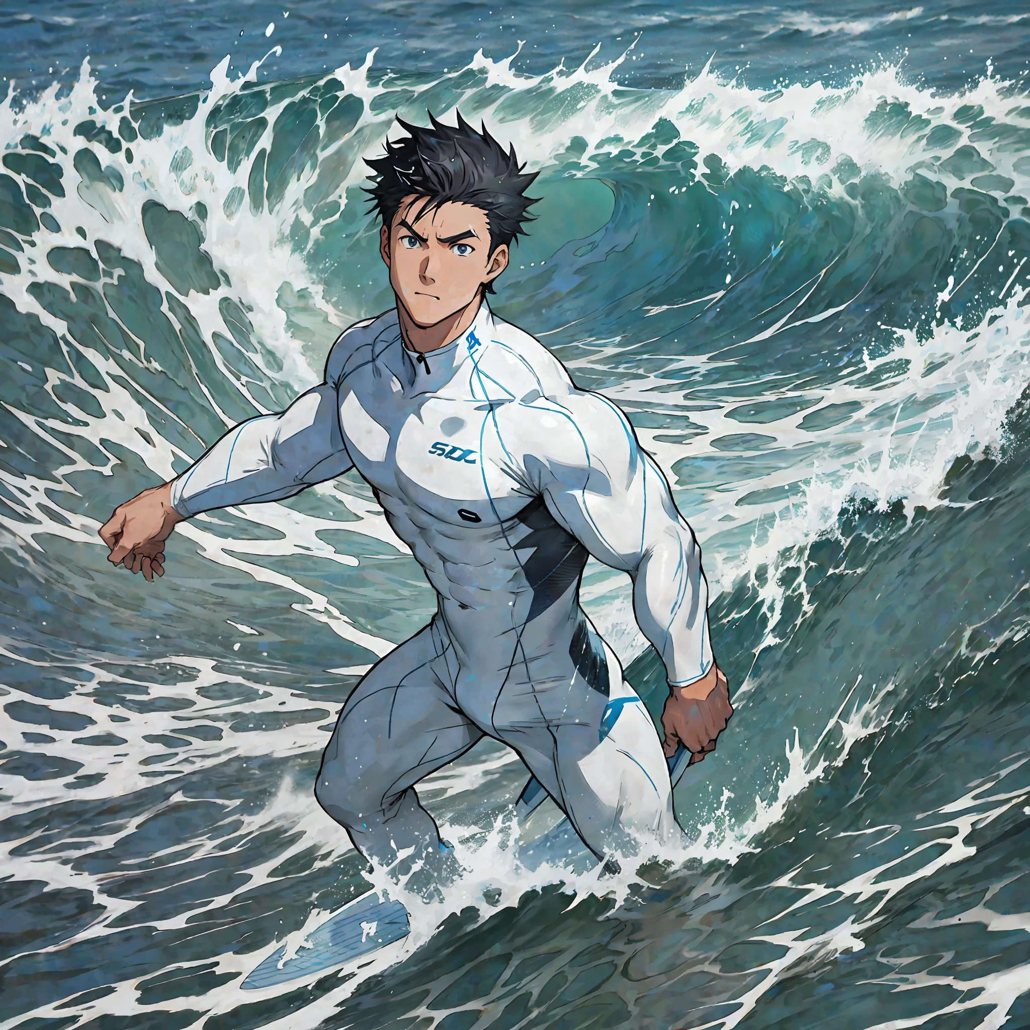 Anime characters in white wetsuits surfing in the ocean with surfboard, male focus, crotch bulge, crotch bulge, surfboard, waves, splash, briefs