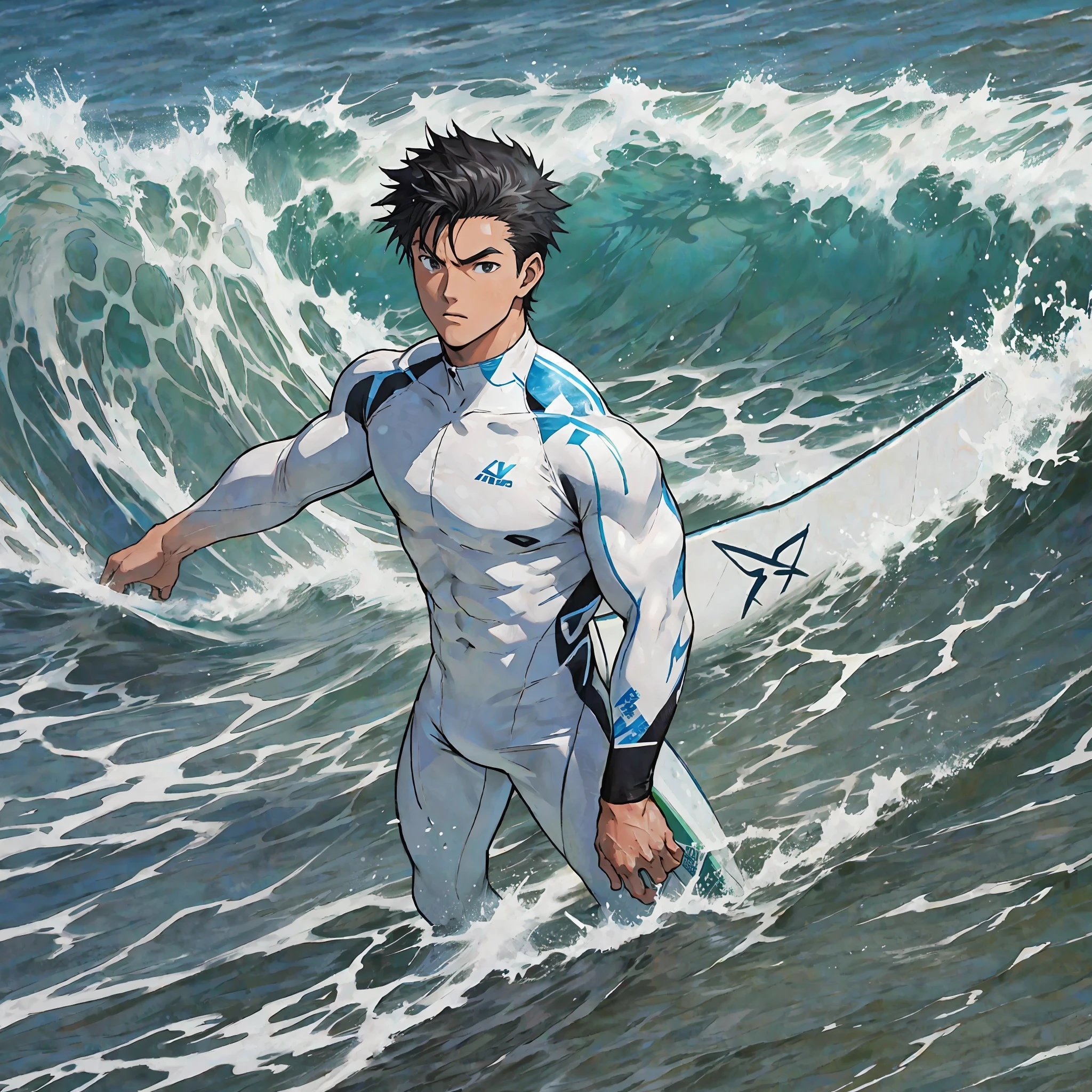 Anime characters in white wetsuits surfing in the ocean with surfboard, male focus, crotch bulge, crotch bulge, surfboard, waves, splash, briefs