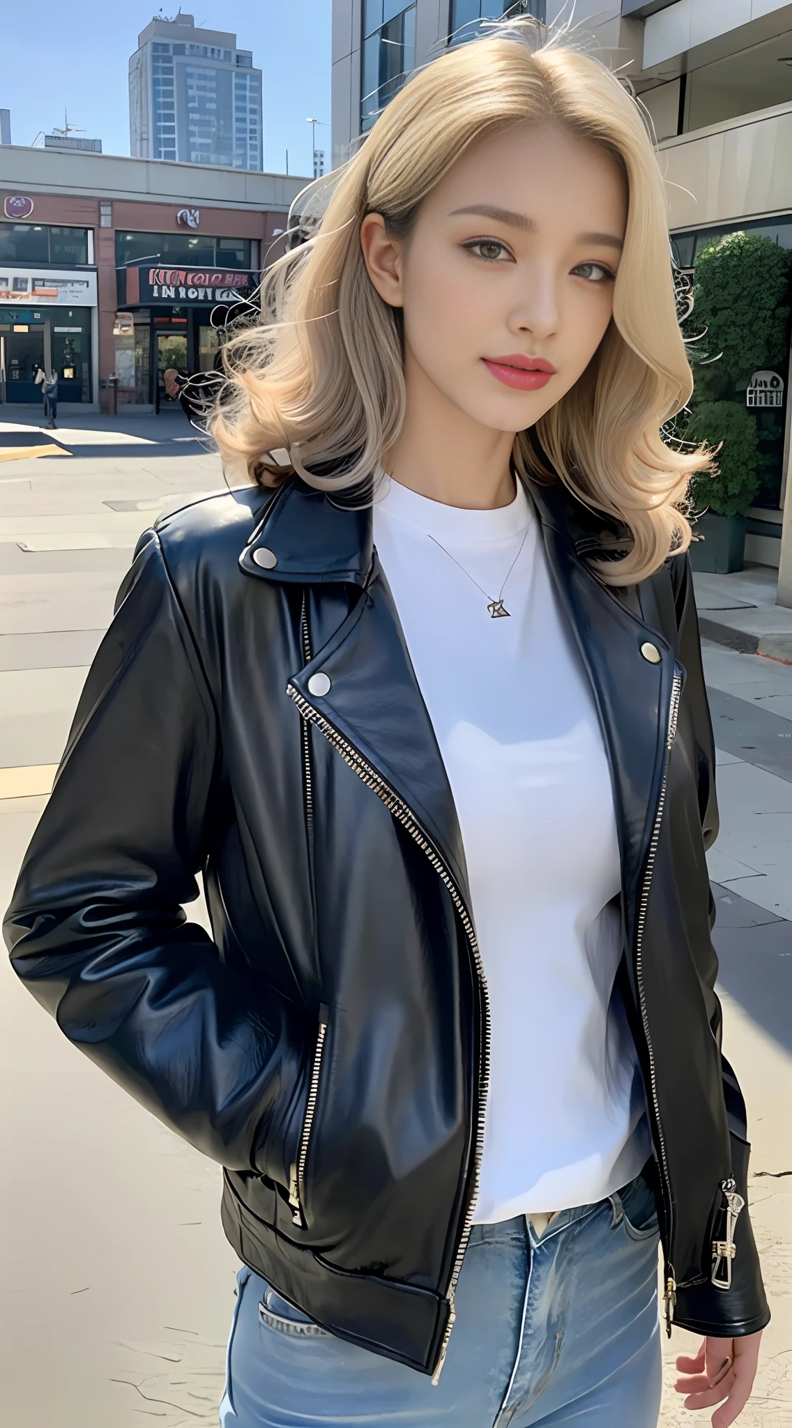((Realistic Light, Best Quality, 8K, Masterpiece: 1.3)), Clear Focus: 1.2, 1girl, Perfect Body Beauty: 1.4, Slim Abs: 1.1, ((White Hair, Milk: 1.3)), Cowboy Pose, (Outdoor, Daytime: 1.1), City Street, Super Fine Face, Fine Eyes, Double Eyelids, Curly Hair, Fair Skin, Leather Jacket