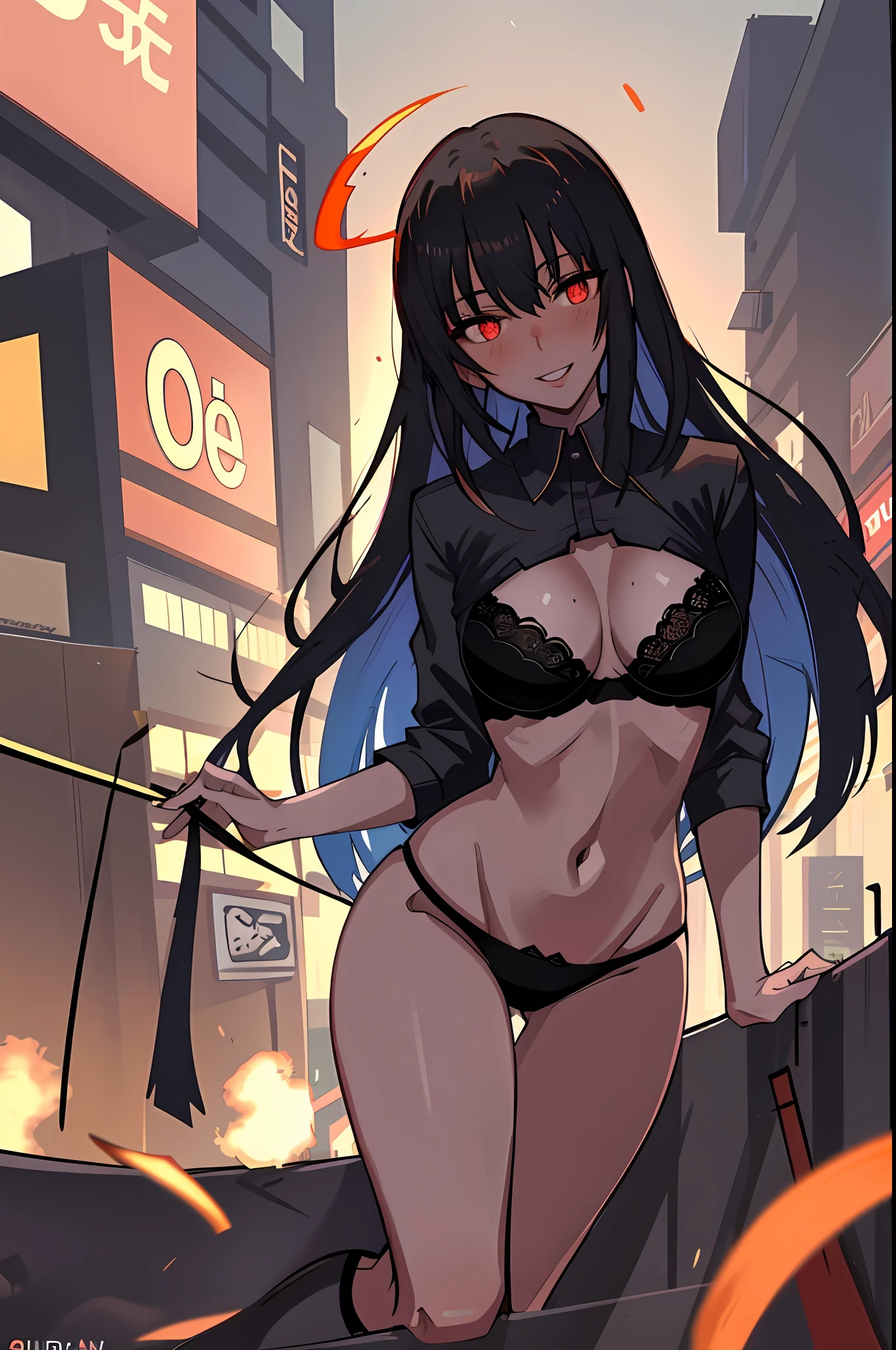 In crowd, urban street, blue sky, cyberpunk city background, daytime, Shibuya intersection, stood, very long hair, golden hair, red_eyes, bangs, straight hair, looking down at the viewer, big full body, crazy eyes, insane, wide open eyes, glowing eyes, shiny lips, blush, satisfying expression, sexually aroused, obsessive expression, crazy expression, adult, dazed face , girls in underwear ,, solo, sensational face, sloppy look, evil smile, crazy smile, bewitching face, blush, black bra, black panties, estrus, sexy look, open legs, yandere face, ahe face, mouth open, naughty look, woman wearing only underwear, crazy smile, blushing face, blushing cheeks, delicate contour line illustration, thin line illustration, lace underwear, radical underwear, sheer underwear, brown skin, brown skin, irritating pose, dark skin, open legs, dark skin