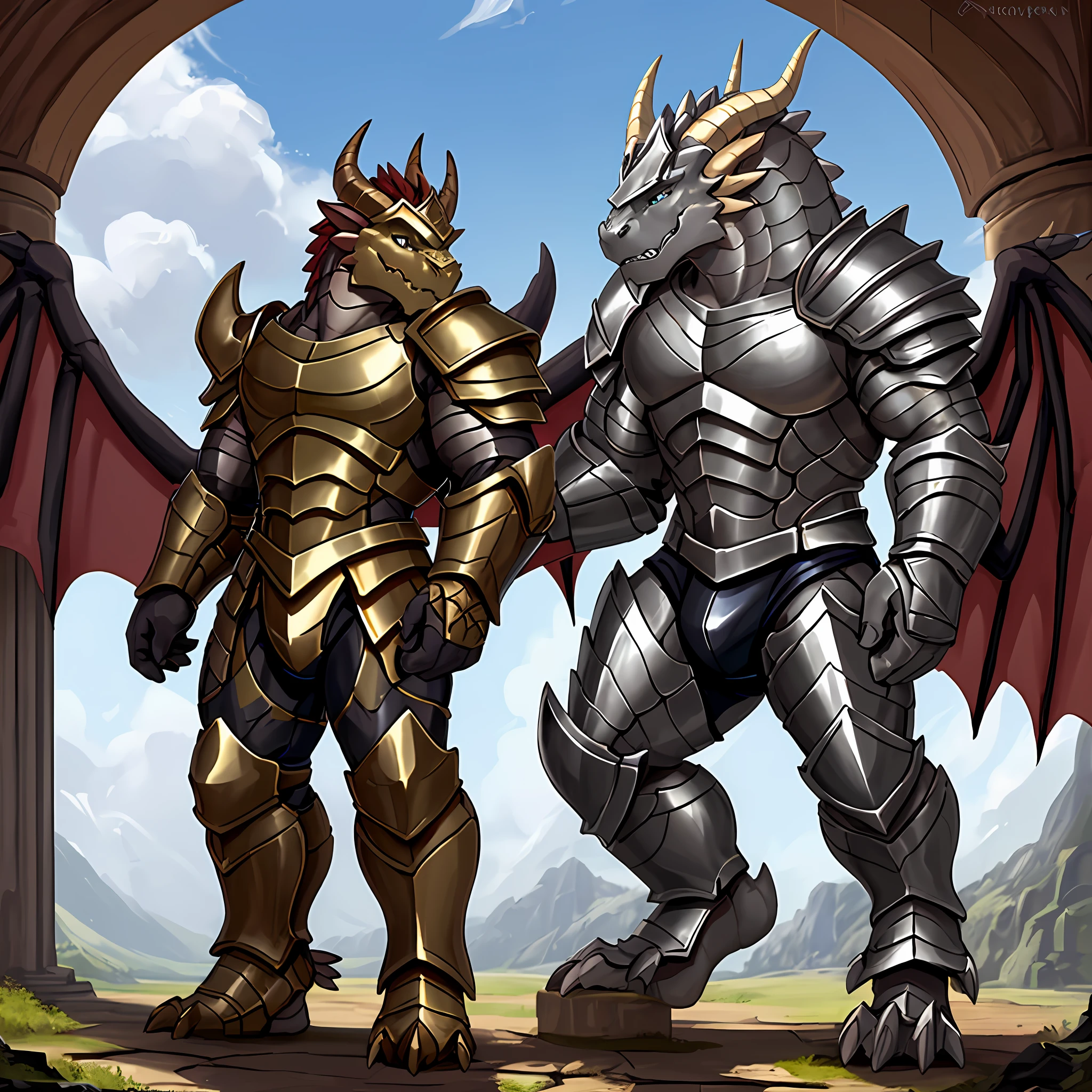 Epic, Realism, Muscle: 3.0, Hairless, Broad Shoulders, A Spartan Dragon, Large Bulge, Long Horns, Dragon Wings, Palace, Full Body, Wet, Fierce Expression, Scales, Armor, Shoulder Armor, Leg Armor, Helmet, Sharp