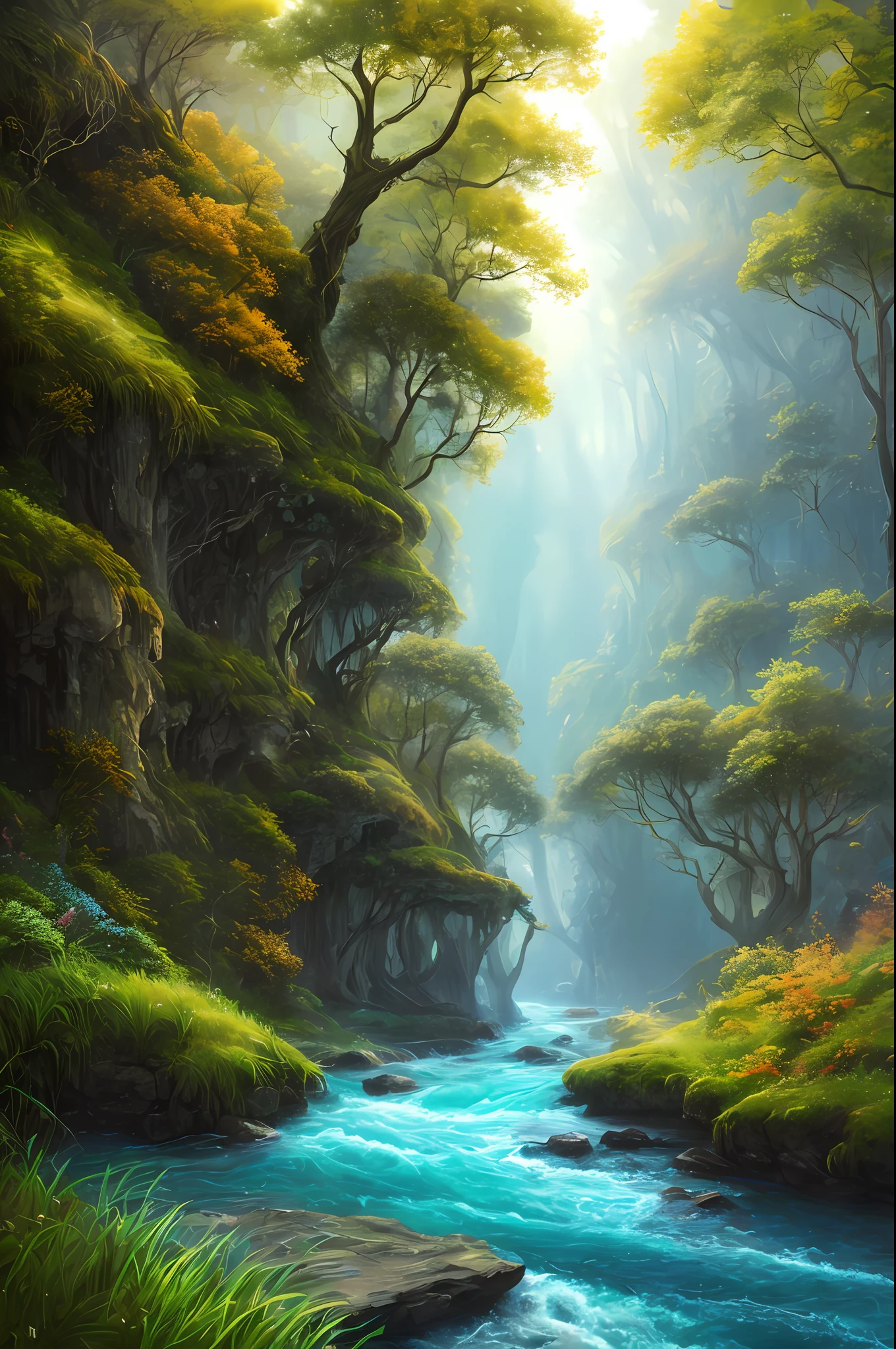 Masterpiece, Best Quality, High Quality, Highly Detailed CG Unity 8k wallpaper, majestic trees, glowing mushrooms, hidden canyons, fantasy forests that create a sense of mystery and enchantment, enchanting and dreamy scenes, dense fog, long flowing rivers, travelers, artstations, digital illustrations, intricate and trendy pastel colors, oil paintings, award-winning photos, bokeh, depth of field, HDR, bloom, chromatic aberration, photorealism, very detailed, trending at artstations, trending at CGsociety,  Intricate, high-detail, dramatic, the art of mid-journey