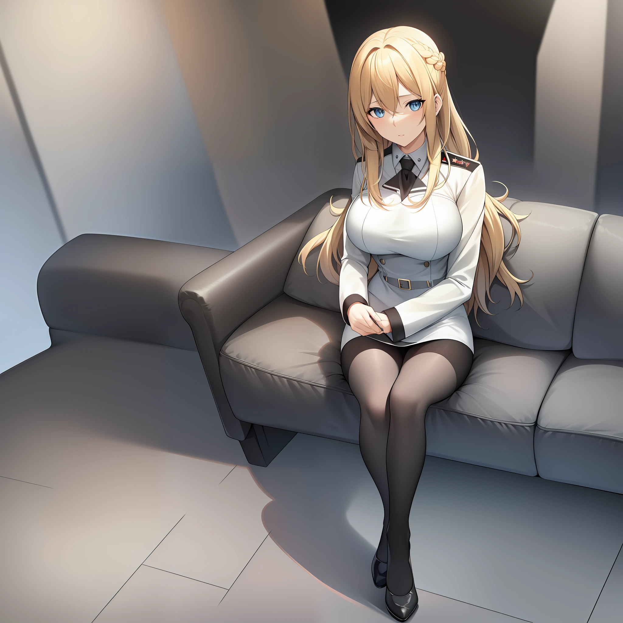 (anime), large breasts, (blonde hair), ((blue eyes)), 8k, (Demure, Feminine, Delicate), Narrow Waist, idealized, ((German Woman)), (Background: White Office), (((black couch))), (casting couch), ((sitting)), (on couch), (((((solo))))), (Masterpiece), UHD, fantasy, high quality, (((accurate anatomy))), ((french braid)), expressionless, (Nazi), military uniform, miniskirt, pantyhose, black high heels, ((Nazi uniform)), (((full_body))), from front, facing viewer