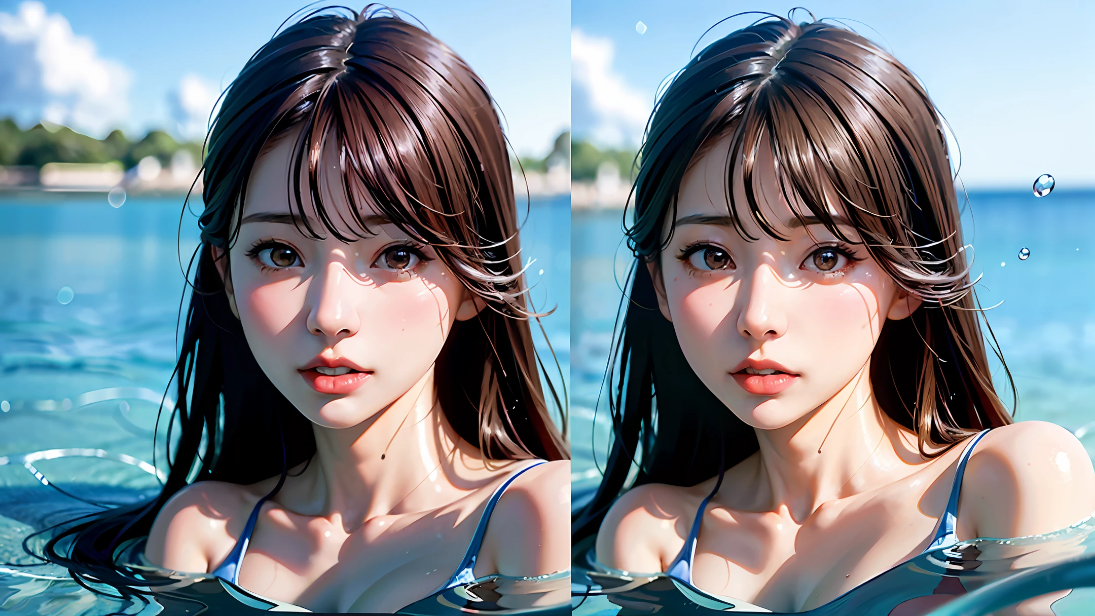 提示词来了:an anime girl under the water with her eyes wide open, in the style of realistic depictions of everyday life, honeycore, quiet moments captured in paint, luminous reflections, close up, light yellow and sky-blue
