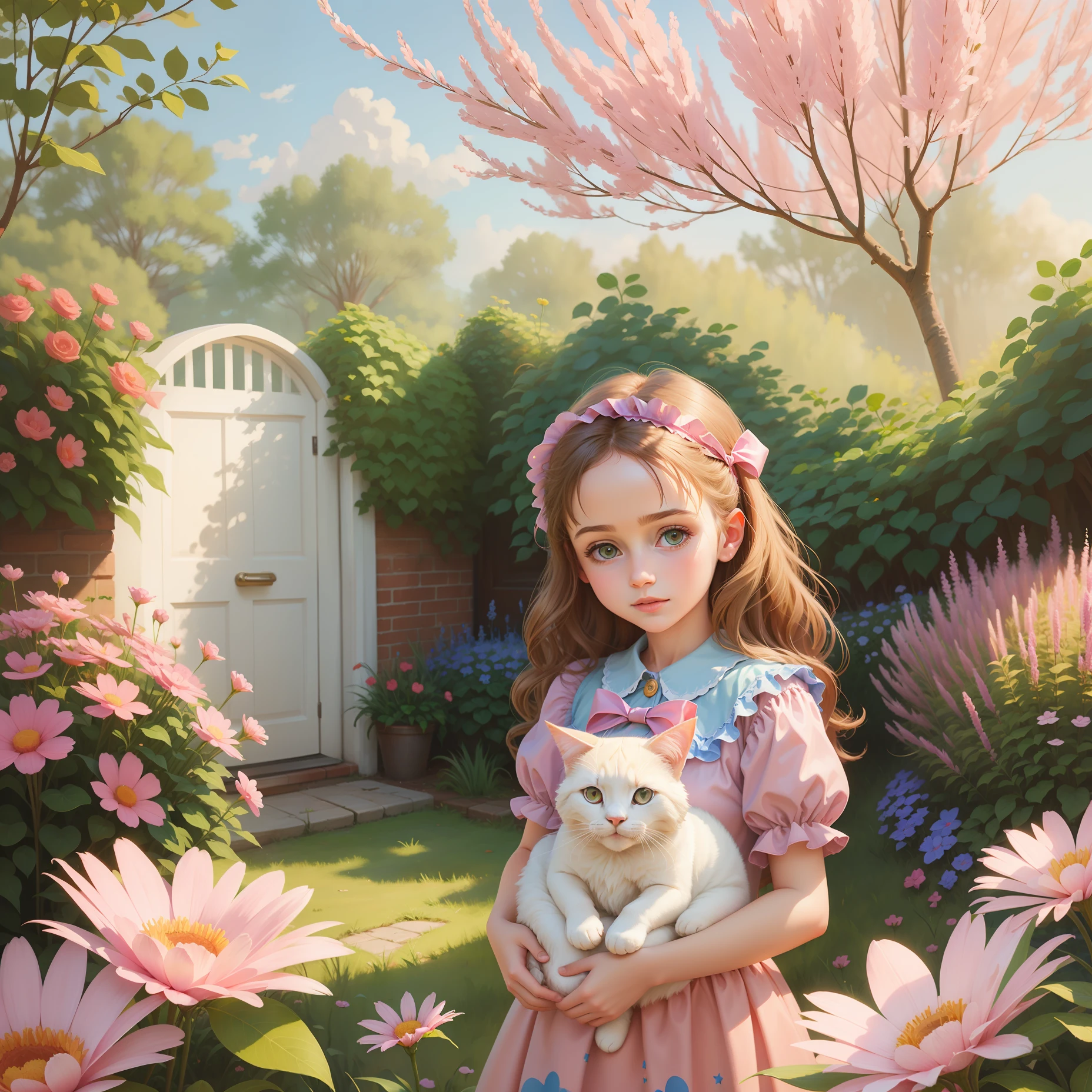 girl dressed as blue Alice with cat realistic painting 2 d