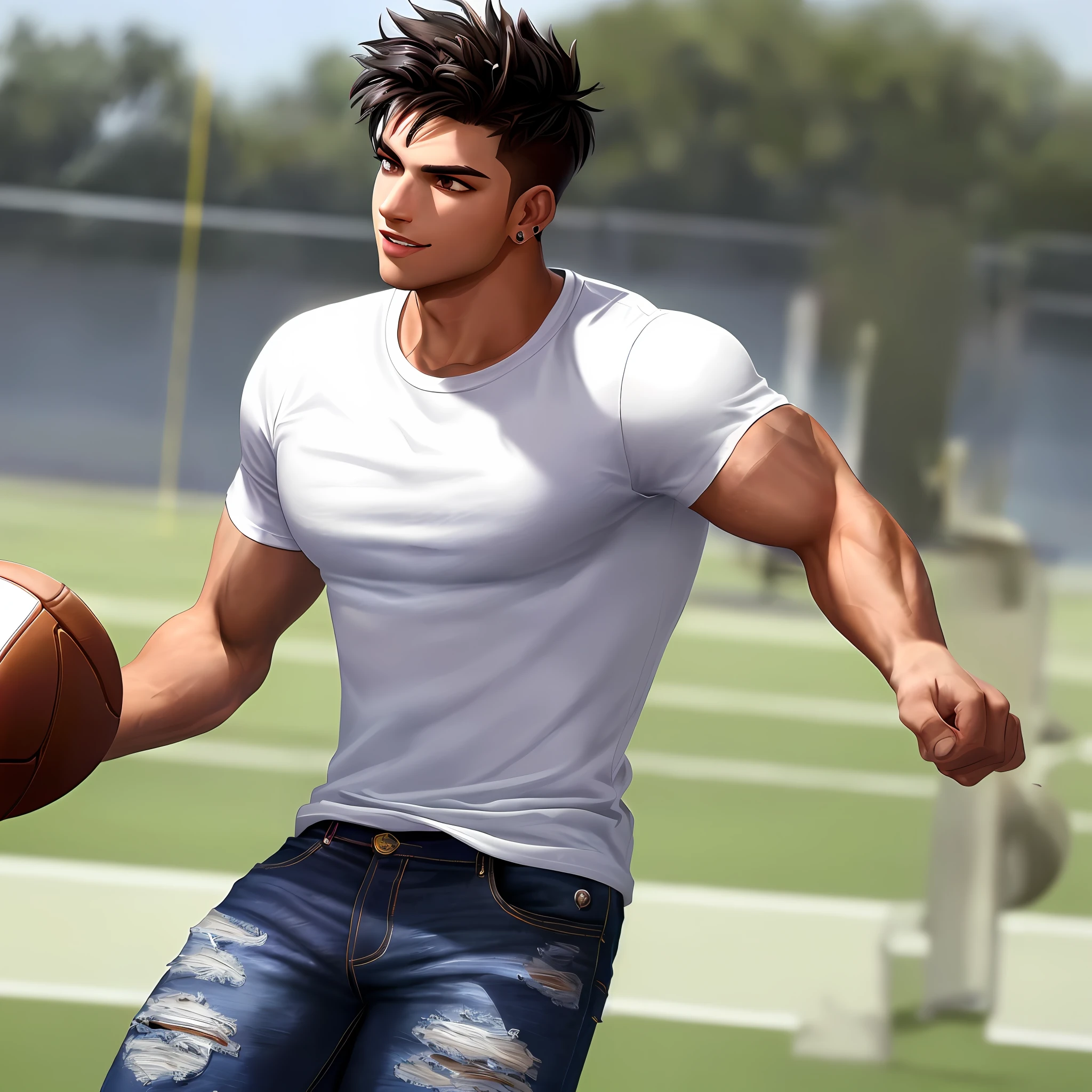 masterpiece, best quality, (dramatic illumination, intense color contrast), (solo), (young man, muscular, spiked black hair, brown eyes, olive skin, wearing white t-shirt:1.2, ripped jeans), (throwing football), (outdoors on field). smiling, detailed lips, detailed face, detailed skin, 1boy, small hoop in left ear,