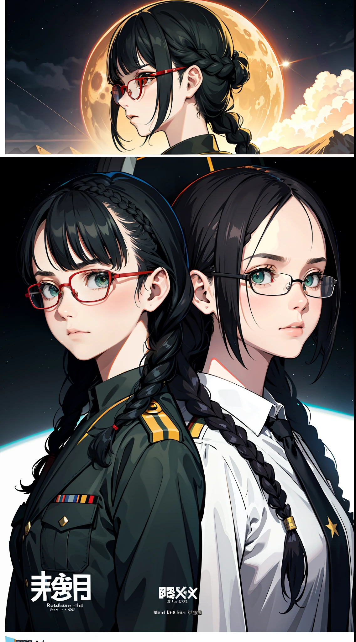 Movie Poster,((Braid Hairstyle : 1.5)),Anime Reference 86 ,Science Fiction,Sci-Fi,Movies,War Action Movies,Space,Atmosphere,Sky,Battleship,Multiple Characters,Women,Adults,Green Eyes,Black Hair,(Pia bangs hairstyle) : 1.8 ),(Red Glasses),General Uniform,White Commander Uniform,Serious Face Frowning,Realistic Face Detail,Realism,3D Face,