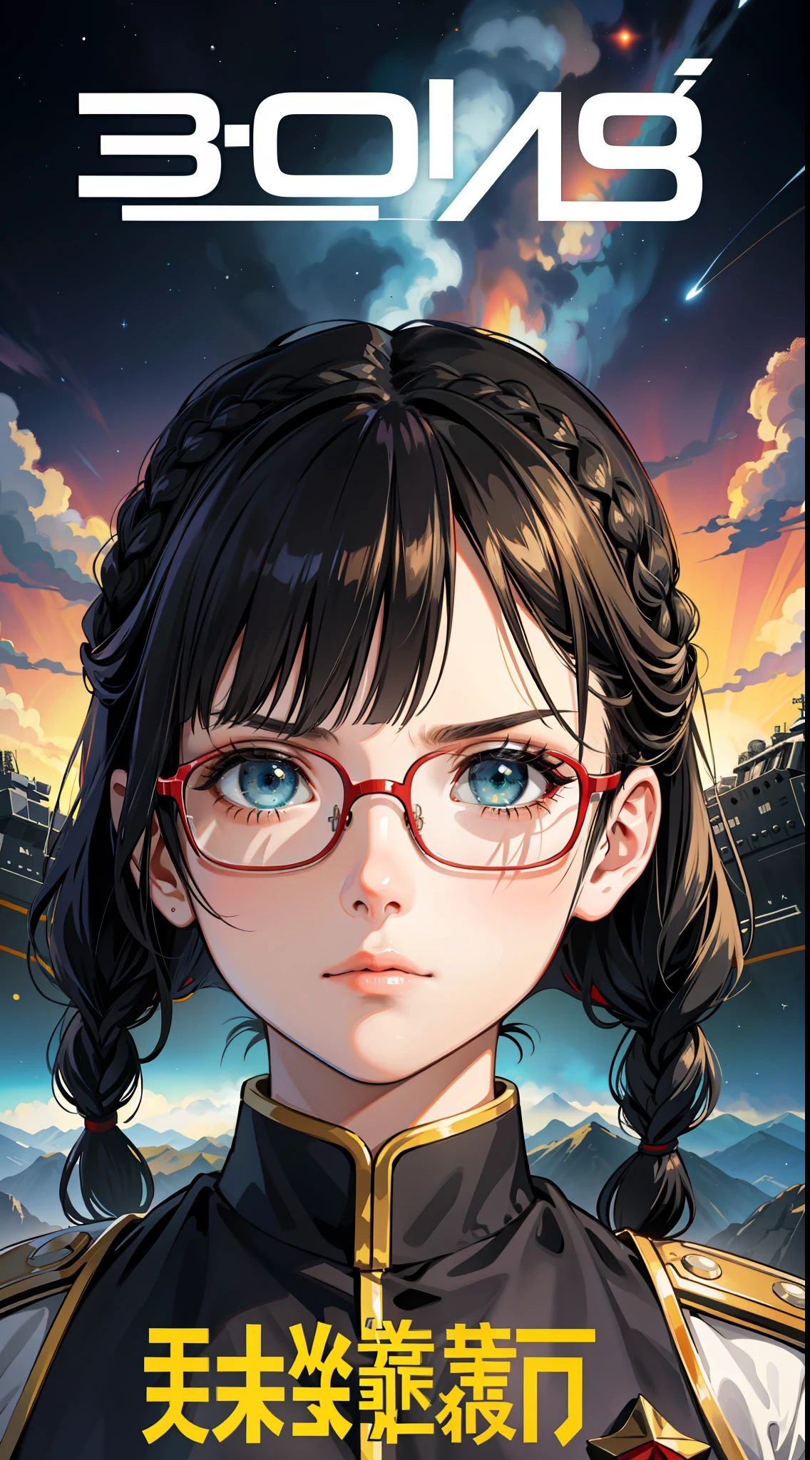 Movie Poster,((Braid Hairstyle : 1.5)),Anime Reference 86 ,Science Fiction,Sci-Fi,Movies,War Action Movies,Space,Atmosphere,Sky,Battleship,Multiple Characters,Women,Adults,Green Eyes,Black Hair,(Pia bangs hairstyle) : 1.8 ),(Red Glasses),General Uniform,White Commander Uniform,Serious Face Frowning,Realistic Face Detail,Realism,3D Face,