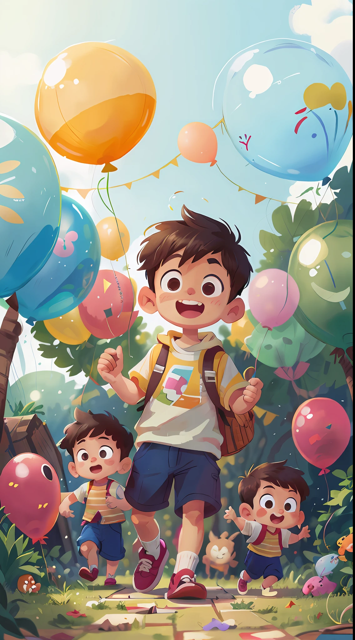A boy, zoo, many balloons, happy, happy, perfect quality, clear focus (clutter - home: 0.8), (masterpiece: 1.2) (realistic: 1.2) (bokeh) (best quality) (detailed skin: 1.3) (intricate details) (8K) (detail eyes) (sharp focus), (happy), full body, two children, clean background, running