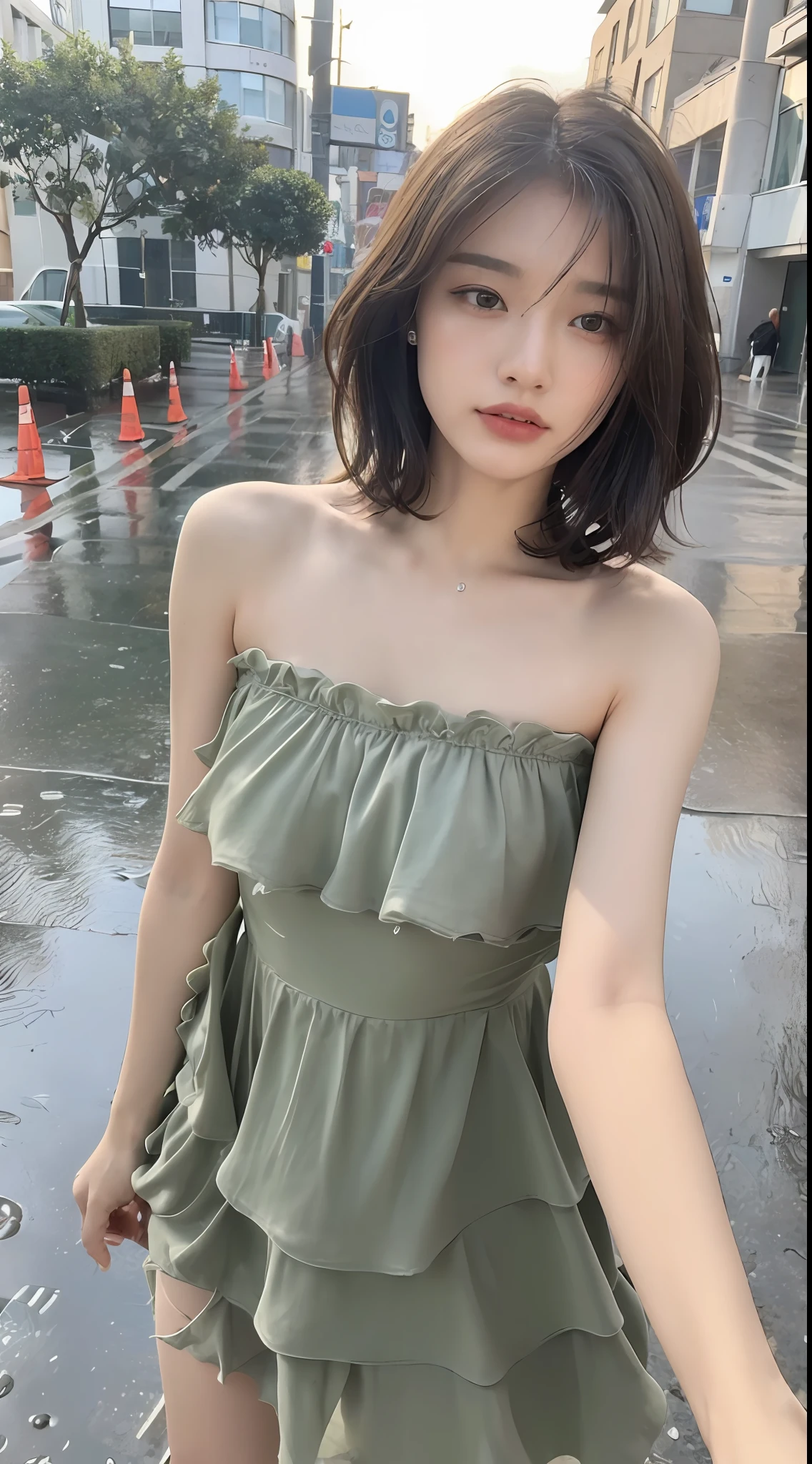 ((Best Quality, 8K, Masterpiece:1.3)), Focus:1.2, Perfect Body Beauty:1.4, Buttocks:1.2, (Layered Haircut:1.2)), (Rain, Street:1.3), Bandeau Dress:1.1, Highly Detailed Face and Skin Texture, Delicate Eyes, Double Eyelids, Whitened Skin, Long Hair, (Round Face: 1.5)
