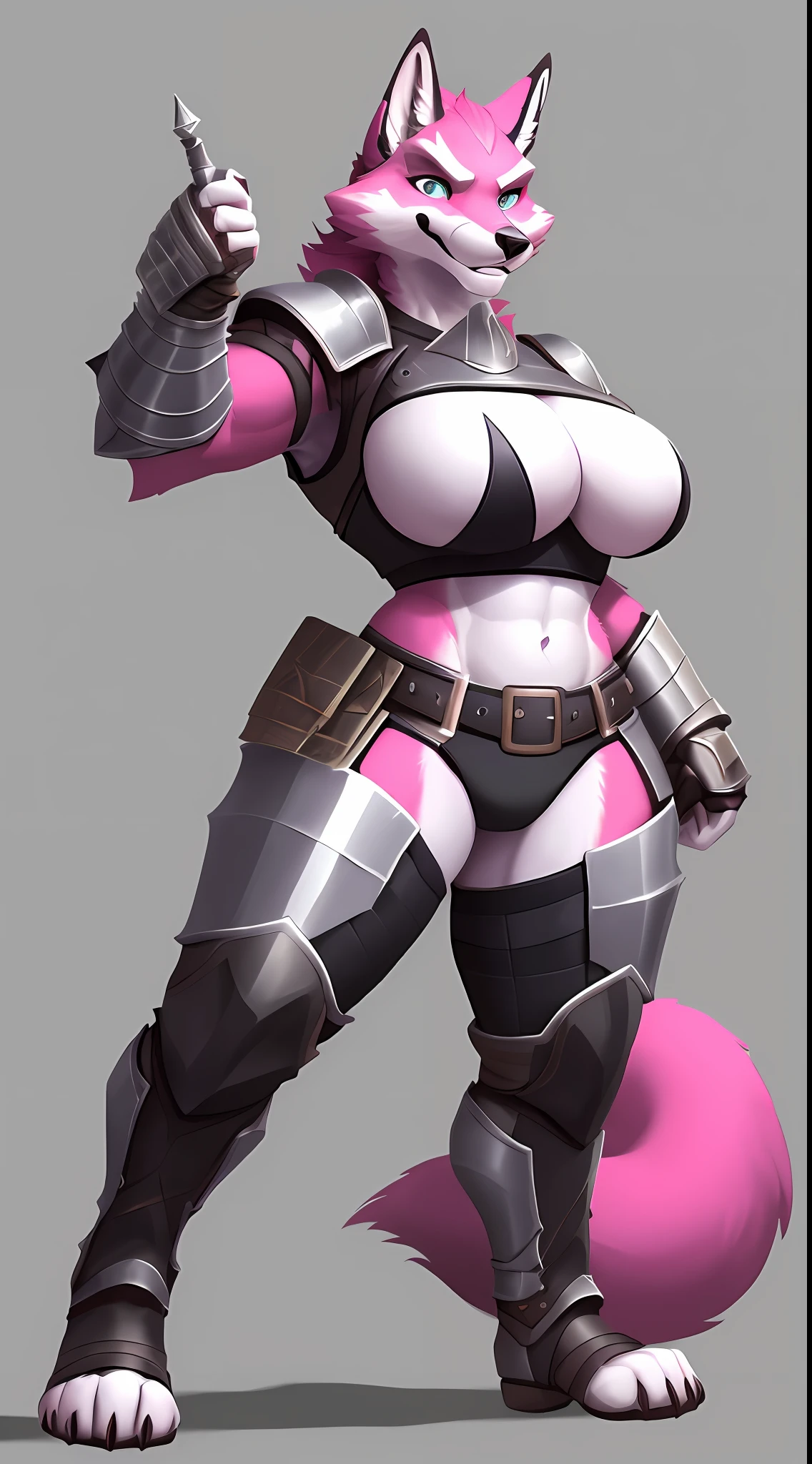 (Fox), (pink fur), anthro, (wearing crop top), two toned fur, (wearing armor leggings), high detail, white belly, high resolution, raw photo, gray background, 1girl, solo, huge breasts, high quality, hi res, sharp, detailed body, detailed, cartoony, ((looking at viewer)), (angry), mad, thick thighs, thin, skinny, full body, whole body, ((full body portrait)), far away, (((full body concept))), attack pose, battle pose, Medieval, rpg, small waist