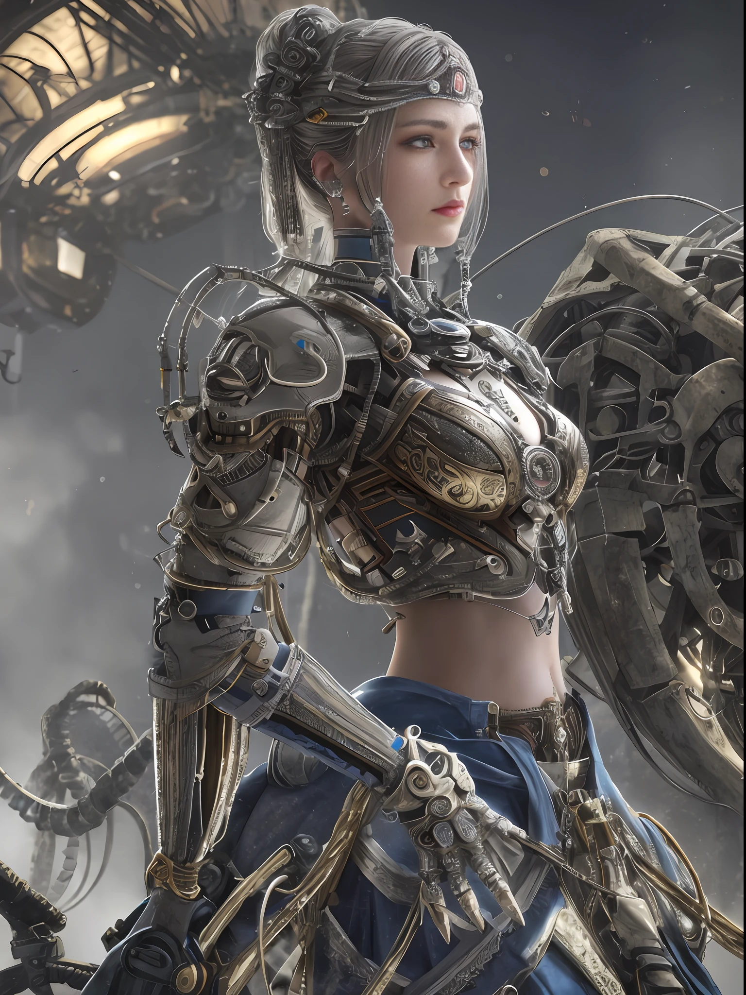 1mechanical girl,((ultra realistic details)), portrait, global illumination, shadows, octane render, 8k, ultra sharp,metal,intricate, ornaments detailed, cold colors, egypician detail, highly intricate details, realistic light, trending on cgsociety, glowing eyes, facing camera, neon details, machanical limbs,blood vessels connected to tubes,mechanical vertebra attaching to back,mechanical cervial attaching to neck,sitting,wires and cables connecting to head