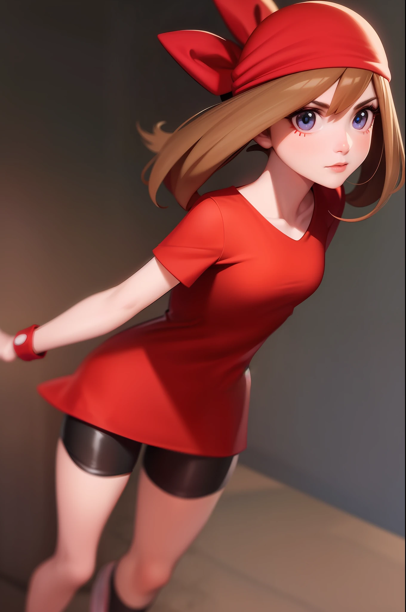 1girl,  character_pokemon_may, bike shorts, red shirt, red bandana,  realistic, hyperrealistic, masterpiece, highest quality, highly detailed, detailed face and eyes, official art, 8k