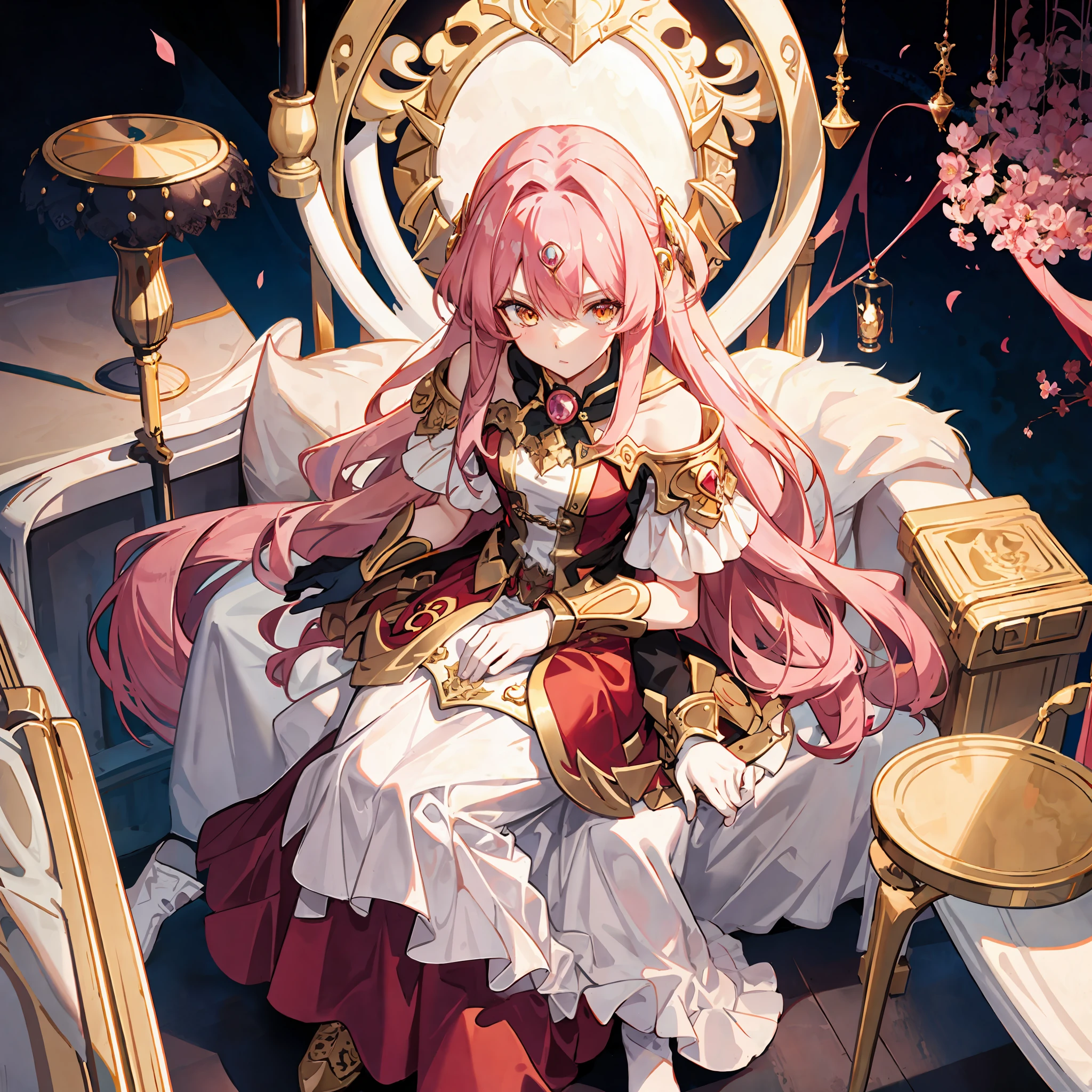 1girl, long flowing pink hair, Golden Eyes, sit on the throne, anime