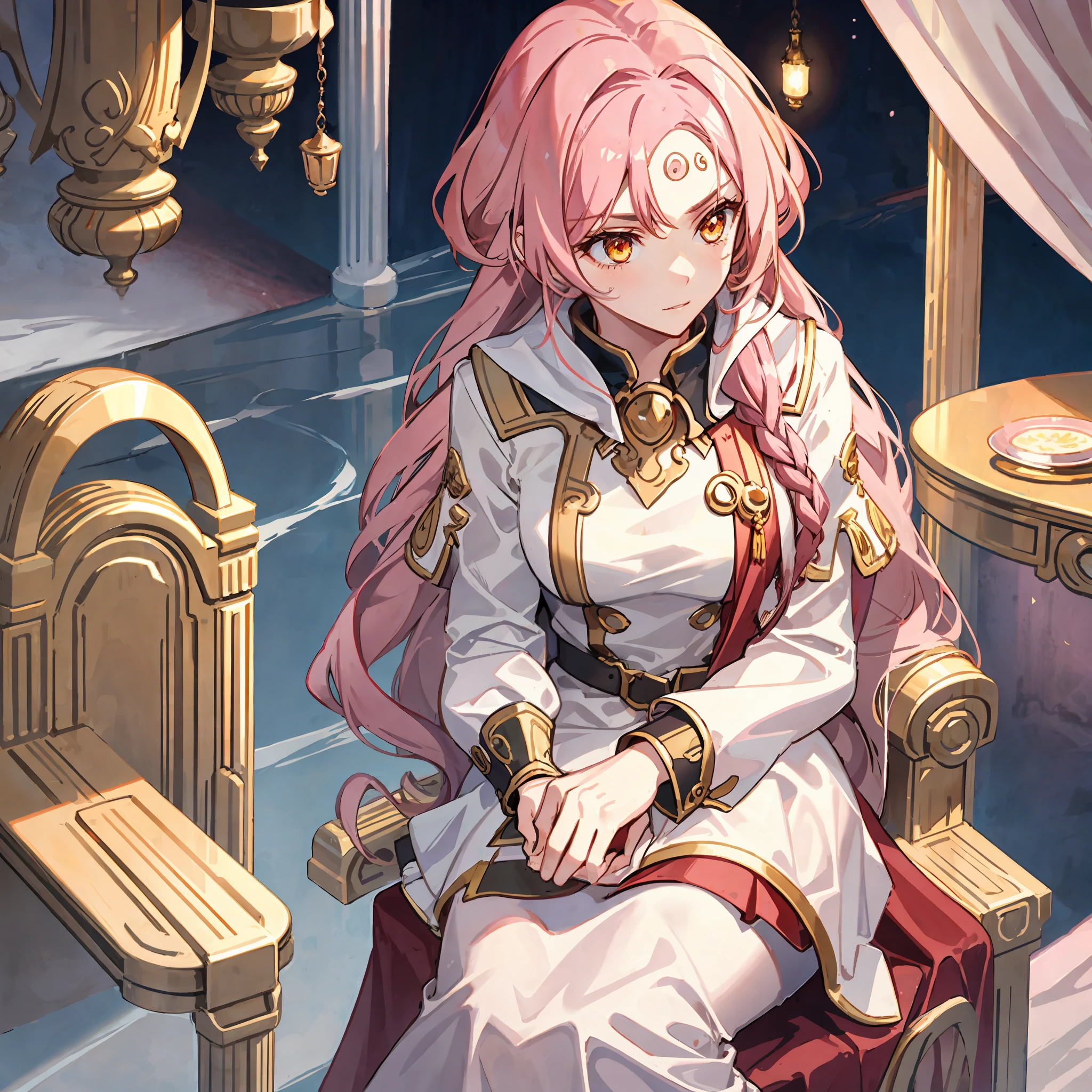 1girl, long flowing pink hair, Golden Eyes, sit on the throne, anime