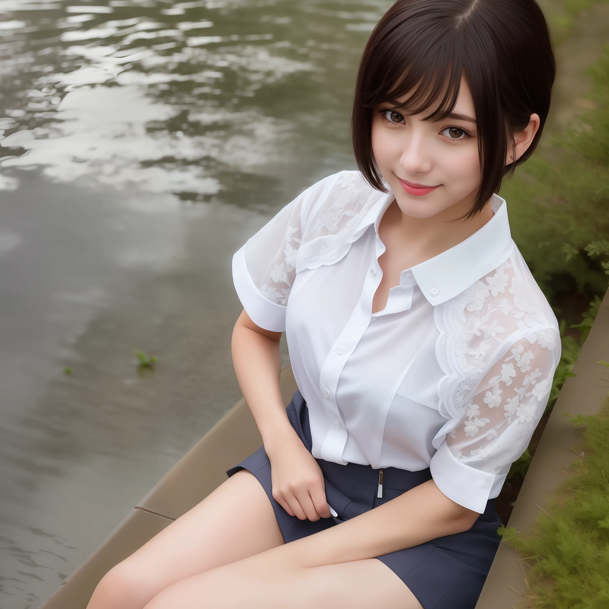 (8k, Best Quality, Masterpiece: 1.2), (Realistic, Realistic: 1.37), Ultra Detailed, 1 Girl, Cute, Solo, Beautiful Detailed Sky, Detailed Cafe, Night, Sitting, Dating, ( red nose), (smile: 1.15), (shut up) small breasts, beautiful and delicate eyes, (collared shirt: 1.1), night, wet, business attire, rain, white lace, (short hair: 1.2), flowing hair NovaFrogStyle,