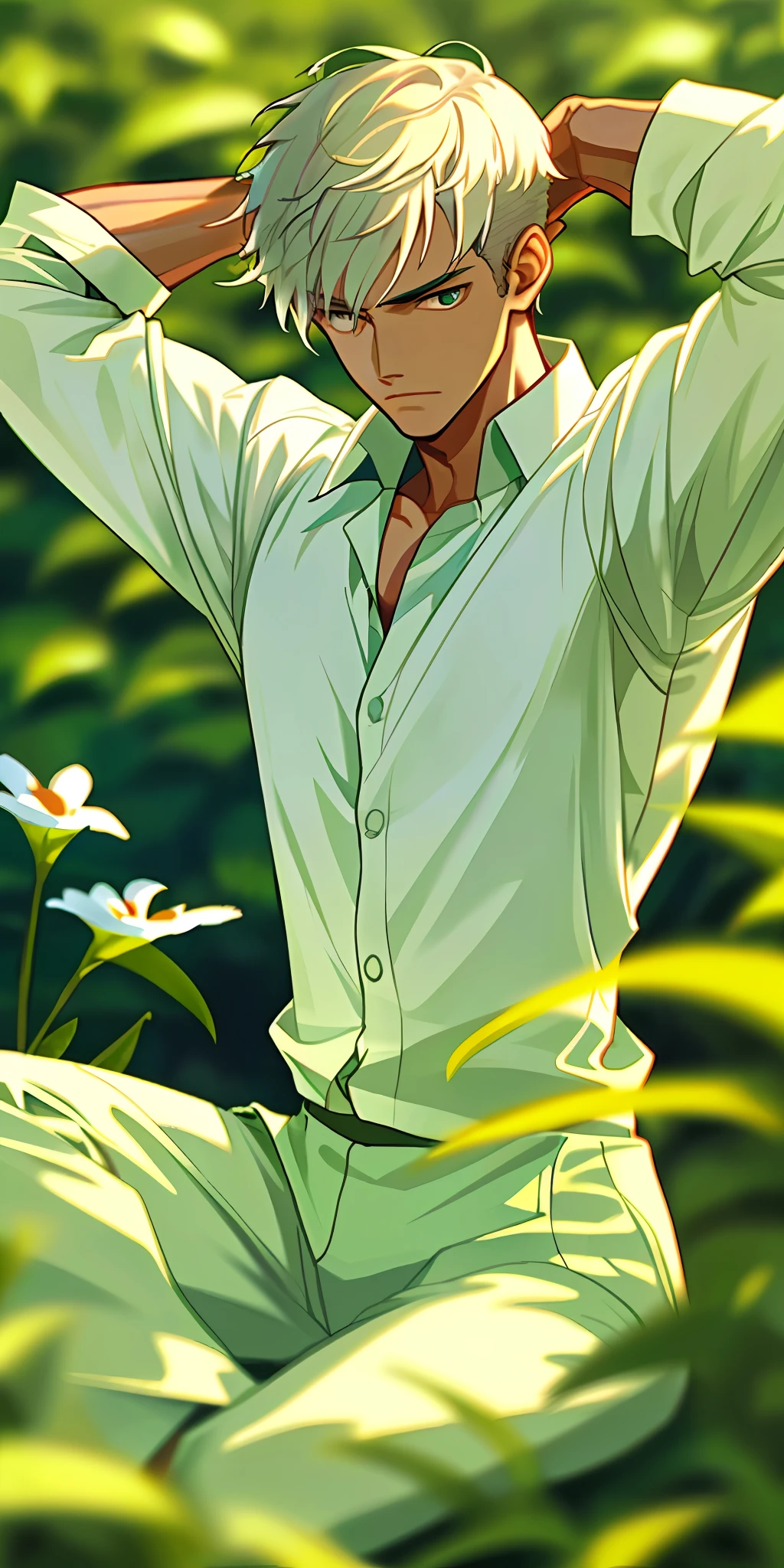 (masterpiece, best quality),1boy with short white hair sitting in a field of green plants and flowers, his hands behind head, warm lighting, white shirt, blurry foreground, muscular body, Indian face, tall body, shirt open