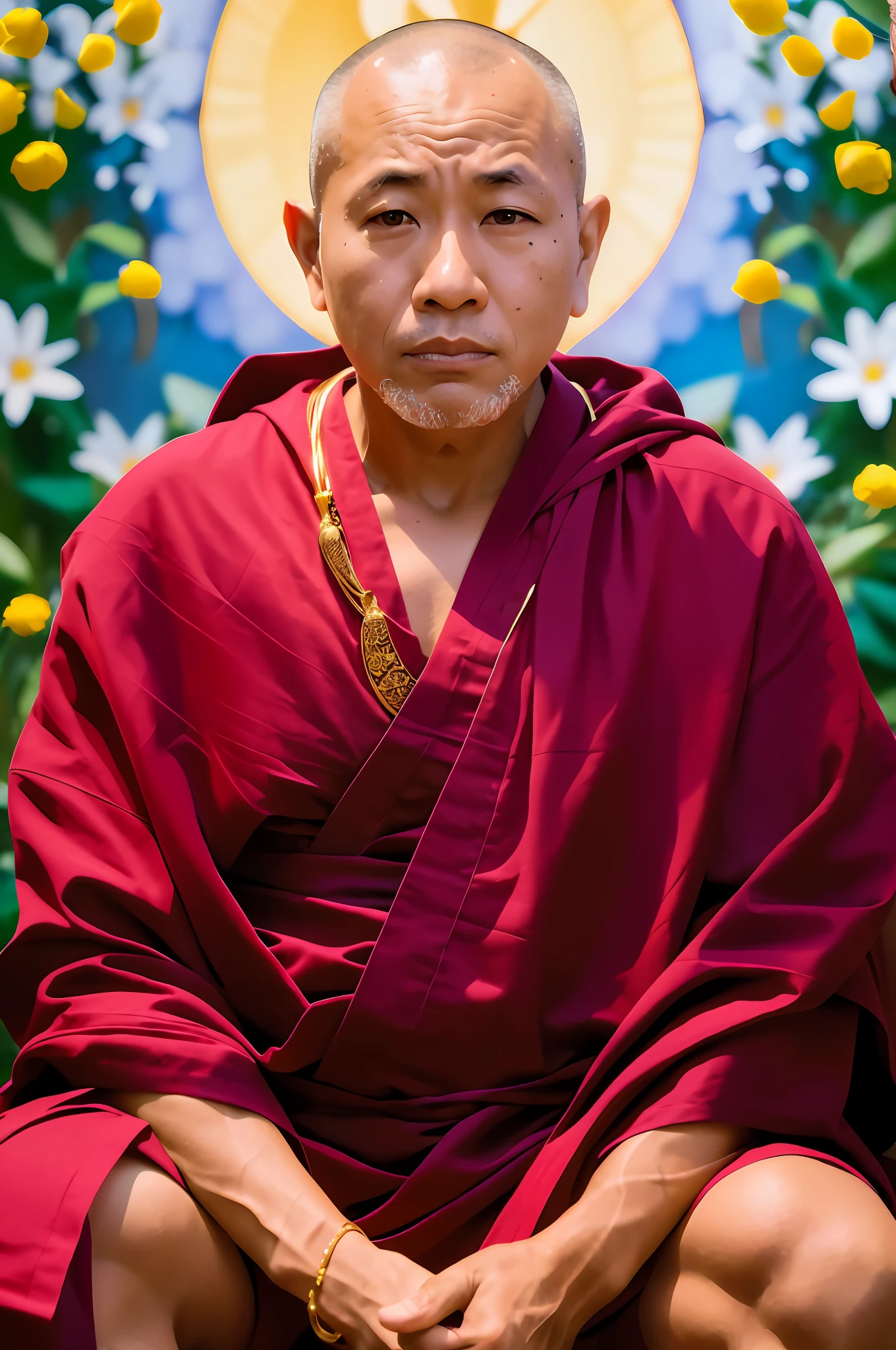 arafed sitting in front of a painting of a sun, portrait of monkoseup portrait shot, portrait shot, monk mede, close up portrait shot, buddhist monk meditat buddhist monk, buddhist, ne expression, close - up portrait shot, closeup portrait, monk, symmetry!! port of akuma, samsara, buddhism, detailed portrait shot