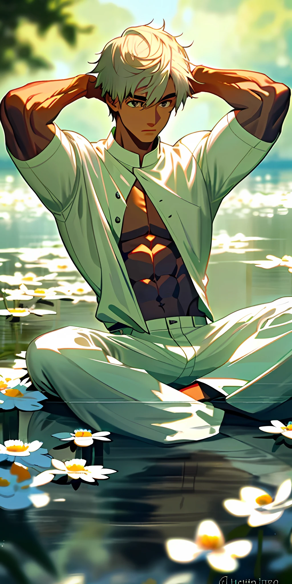 (masterpiece, best quality),1boy with short white hair sitting in a lake full of flowers, his hands behind head, warm lighting, white underwear, blurry foreground, muscular body, Indian face, tall body, shirt open