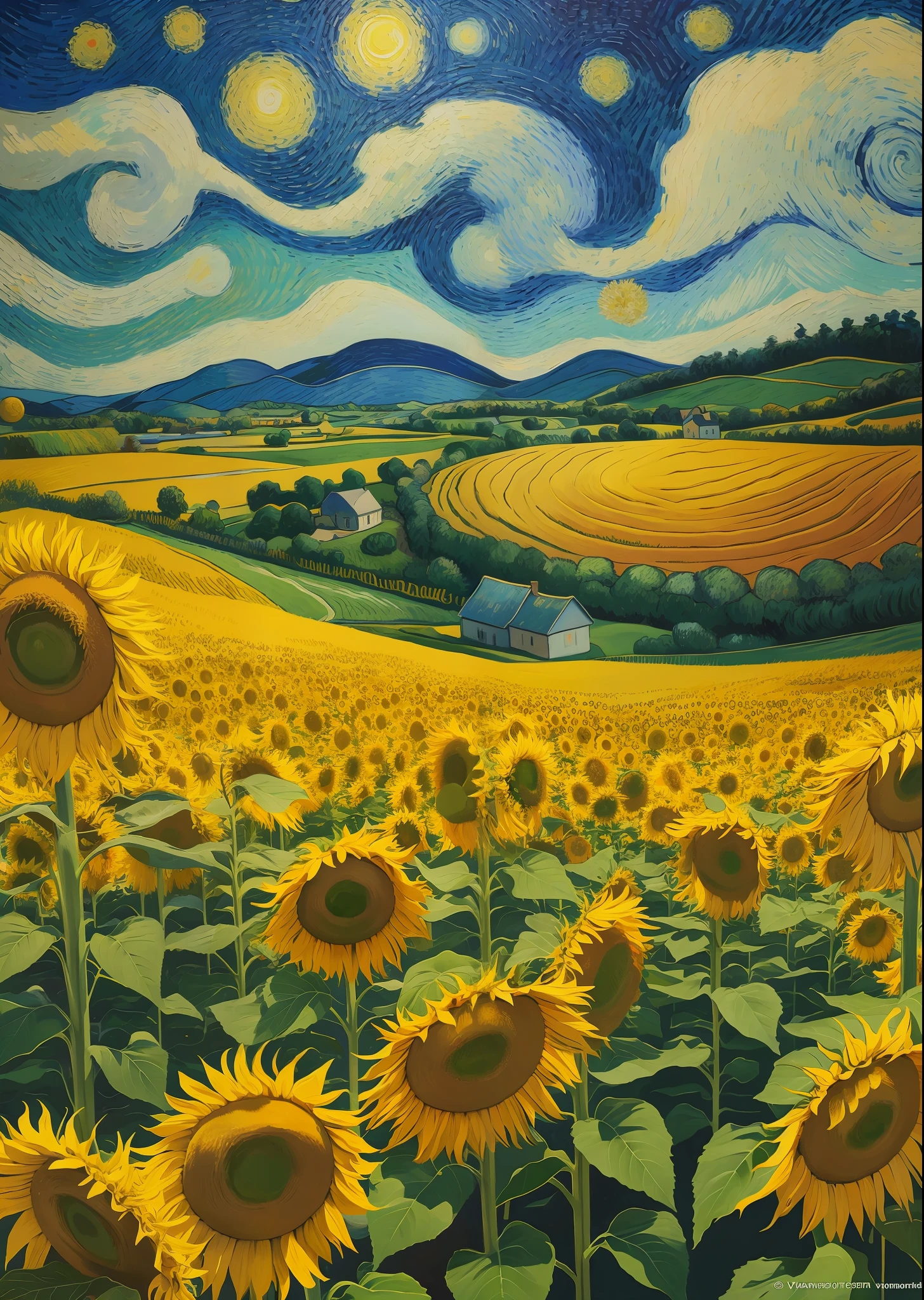 oil painting, by van gogh, colorful, abstract, abstract background, masterpiece, best quality, ultra detailed wallpaper, 20 year old bo, Wearing a straw hat, cornfield, tree, star, surreal dreamscape, sunflowers,night,