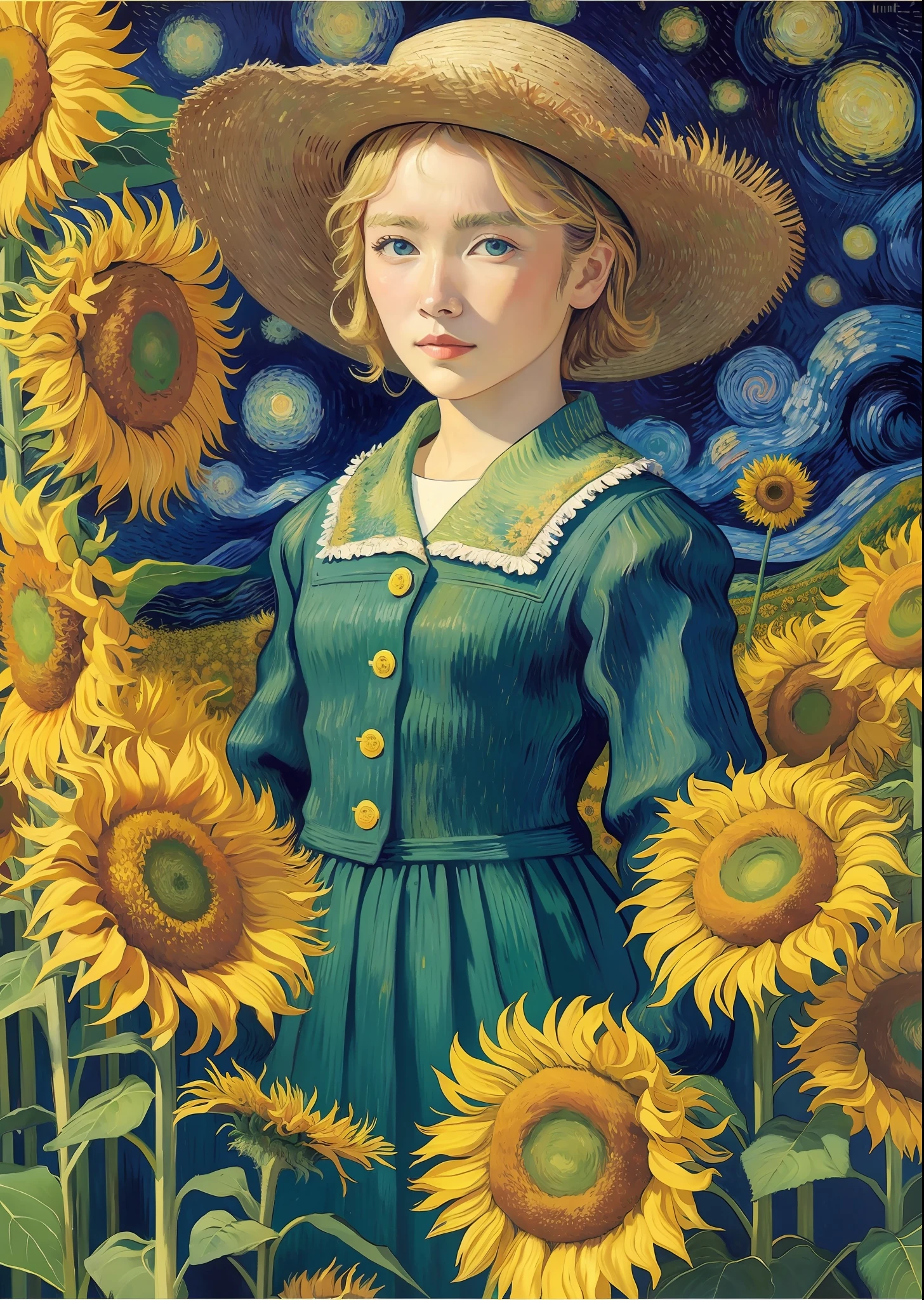 oil painting, by van gogh, colorful, abstract, abstract background, masterpiece, best quality, ultra detailed wallpaper, 20 year old bo, Wearing a straw hat, cornfield, tree, star, surreal dreamscape, sunflowers,night,