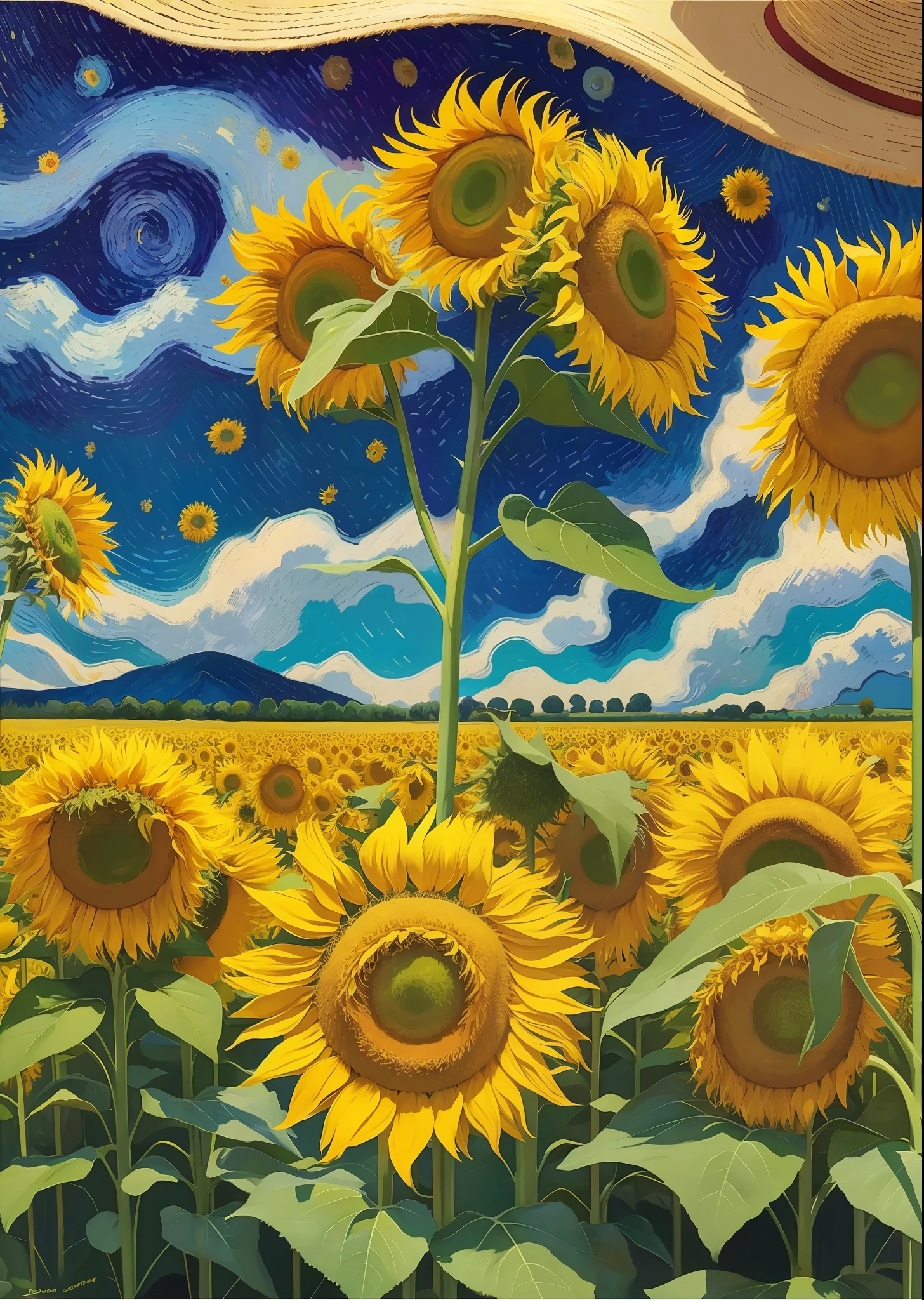 oil painting, by van gogh, colorful, abstract, abstract background, masterpiece, best quality, ultra detailed wallpaper, 20 year old bo, Wearing a straw hat, cornfield, tree, star, surreal dreamscape, sunflowers,night,