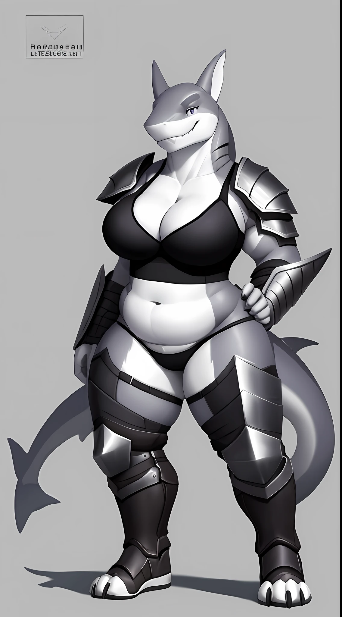 (Shark), anthro, (wearing bra), two toned fur, (wearing armor leggings), high detail, white belly, high resolution, raw photo, gray background, 1girl, solo, big breasts, high quality, hi res, sharp, detailed body, detailed, cartoony, ((looking at viewer)), smile, shy, chubby, muffin top, whole body, ((full body portrait)), far away, (((full body concept))), attack pose, battle pose, Medieval, rpg