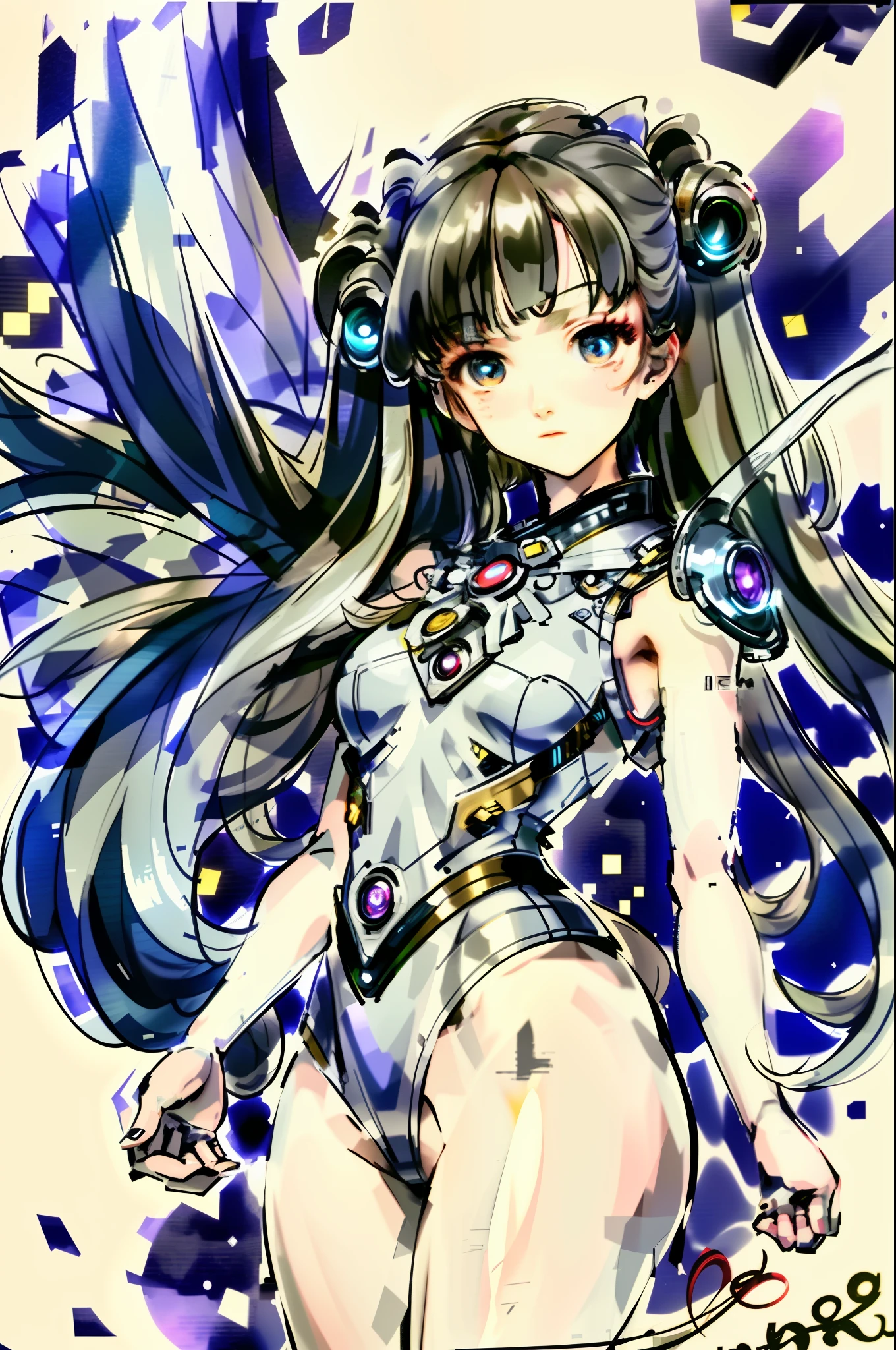 Girl, beautiful eyes, full-body shot, masterpiece, flowing hair, delicate features, perfect face, depth of field, 8K, high resolution, high quality, exquisite wallpaper, astronaut, arms open, mid-chest, laser reflective material, shiny, character design, backlit, glowing, colorful.