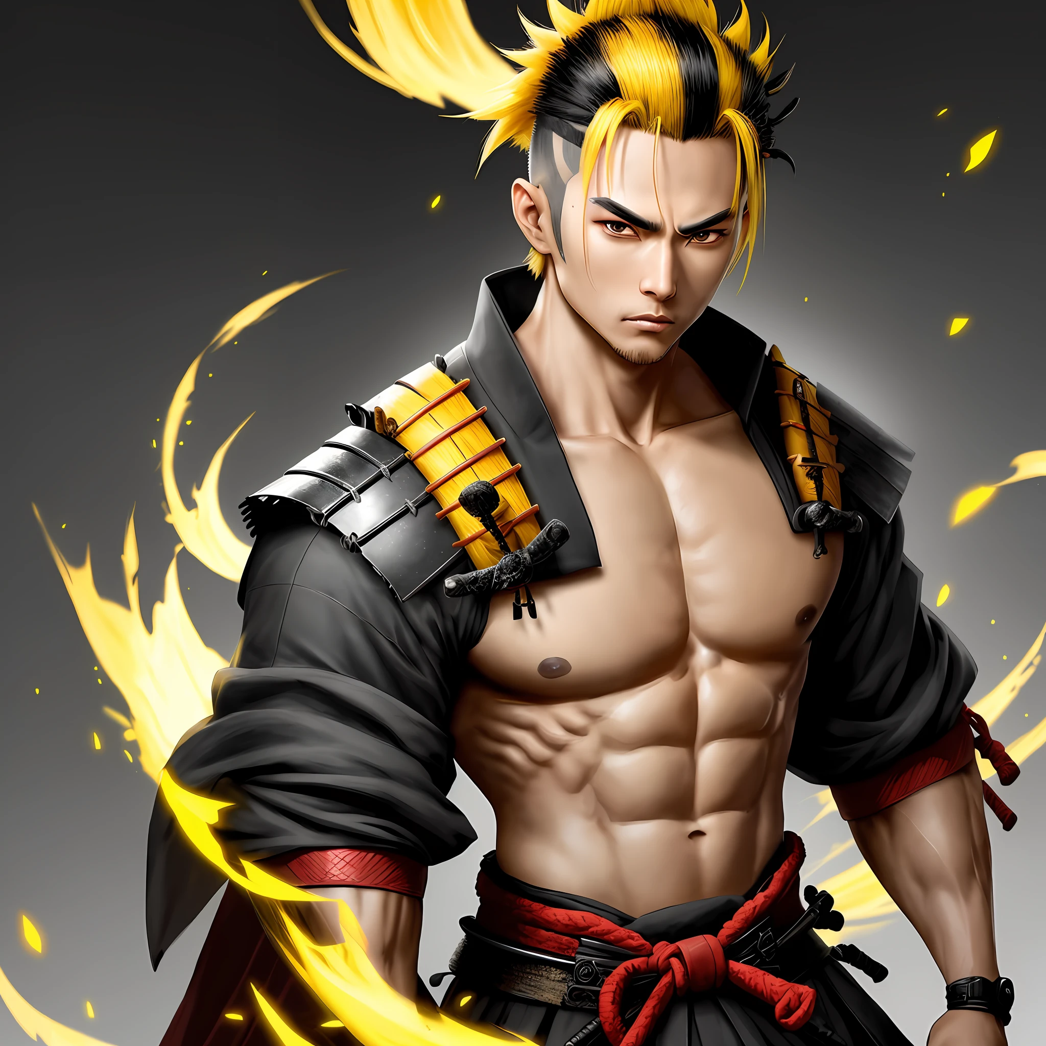 Character ((Male)) , Hair cut on the sides , One (( Samurai)) , Black Eyes , (( BEAUTIFUL )) , Yellow Hair.  Just One Character, (( Focus on One Character)) , 8K Anime , Powerful , Beautiful Man