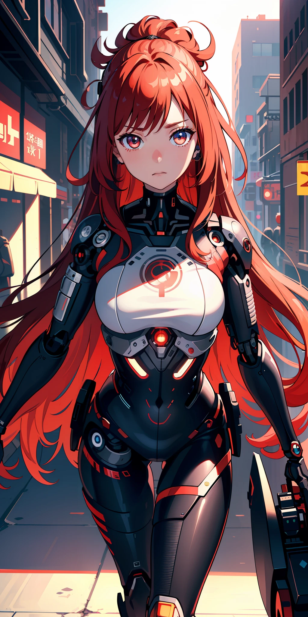 (extremely detailed CG unity 8k wallpaper), (finely detailed beautiful eyes: 1.2), (1 girl), (cyborg:1.3), (high-tech), (long crimson hair:1.2), embarrassed, (anime:1.2), Futurism, depth of field, (masterpiece:1.2), (best quality), 4K, high details