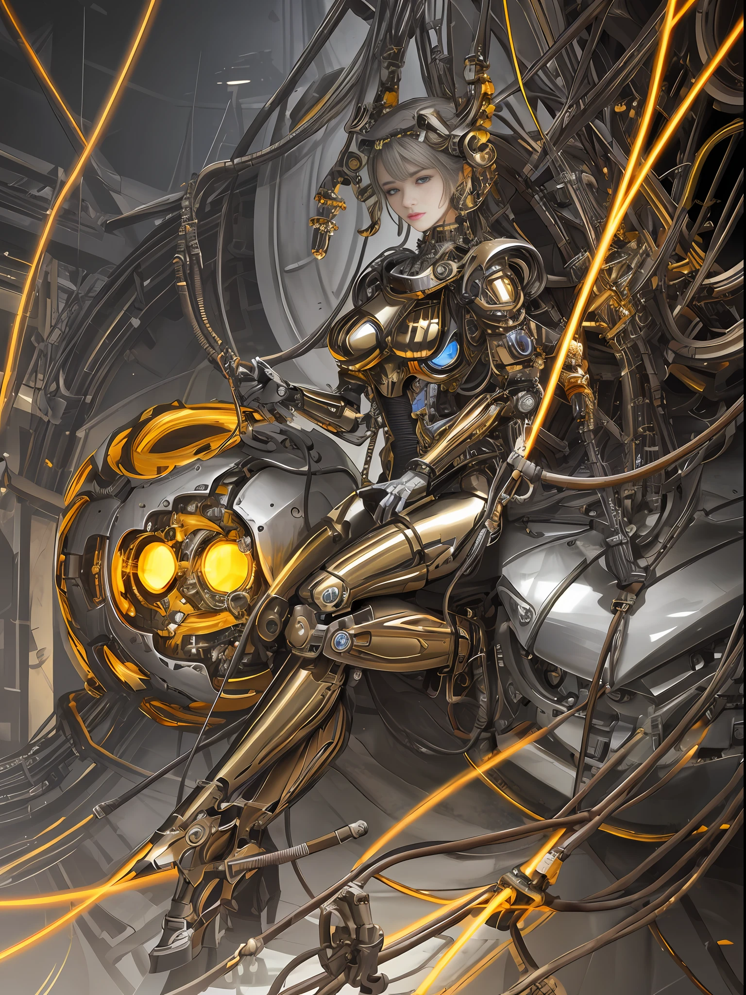 1 mechanical girl, ((super realistic details)), portrait, global illumination, shadows, octane rendering, 8k, super sharp, metallic, complex, ornamental detailed, cool colors, Egyptian details, highly complex details, realistic light, CGsociety trends, glowing eyes, facing camera, neon details, mechanical limbs, blood vessels attached to tubes, mechanical vertebrae attached to the back, mechanical cervical vertebrae attached to the neck, sitting, wires and cables attached to the head, golden wiring, stockings heels, Red livery