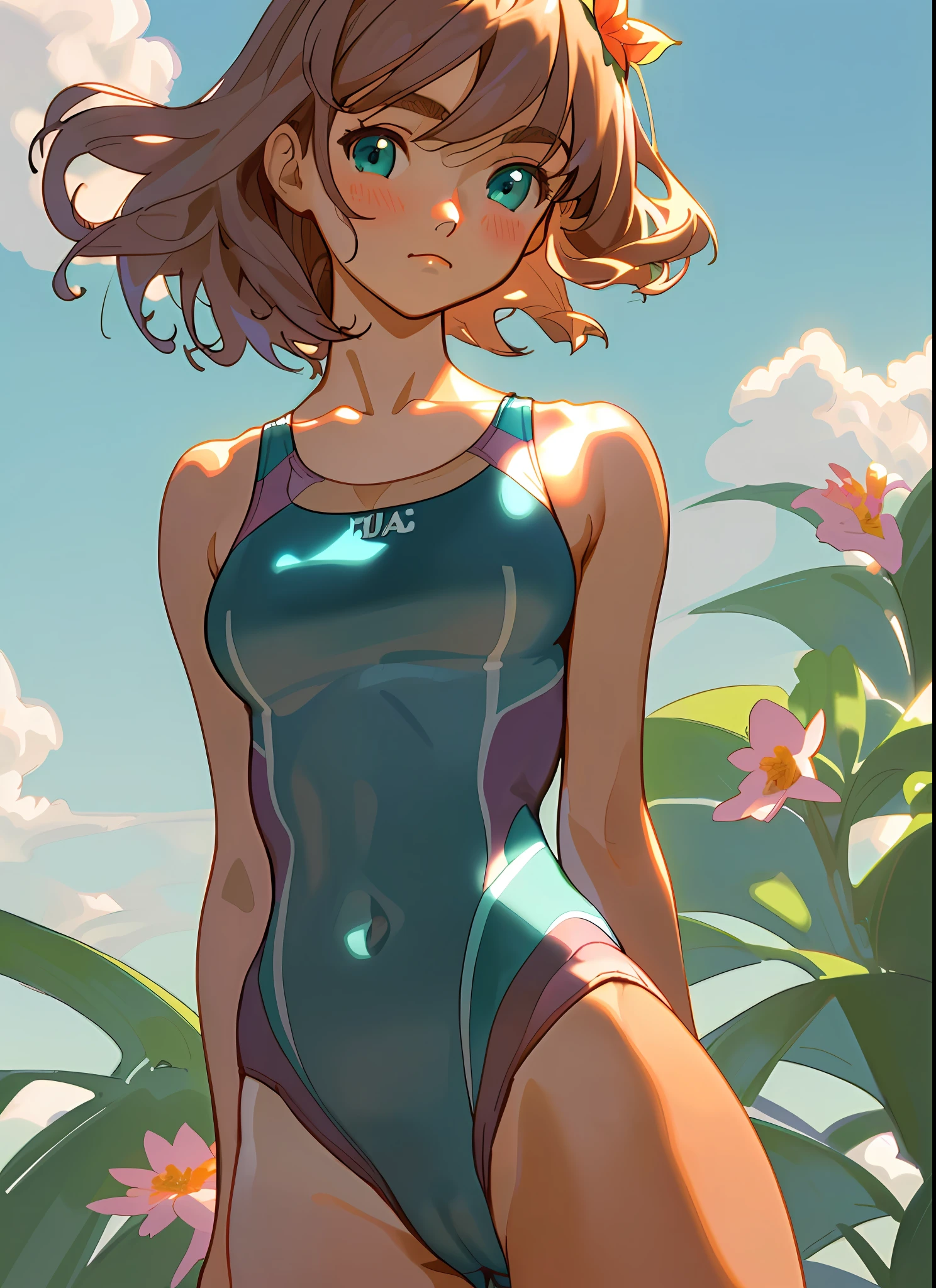 masterpiece, (best quality:1.4), detailed, girl, (solo), (mauve hair:1.2), (medium hair:1.2), (bangs:1.1), parted bangs, (aqua eyes:1.2), (closed mouth:1.2), flower on head, (one-piece swimsuit:1.0), (competition swimsuit:1.2), standing, (looking at viewer:1.2), collarbone, bare arms, detailed eyes, highres, outdoor, (sky:1.1), (cameltoe:1.3), (lighting:1.2), high details