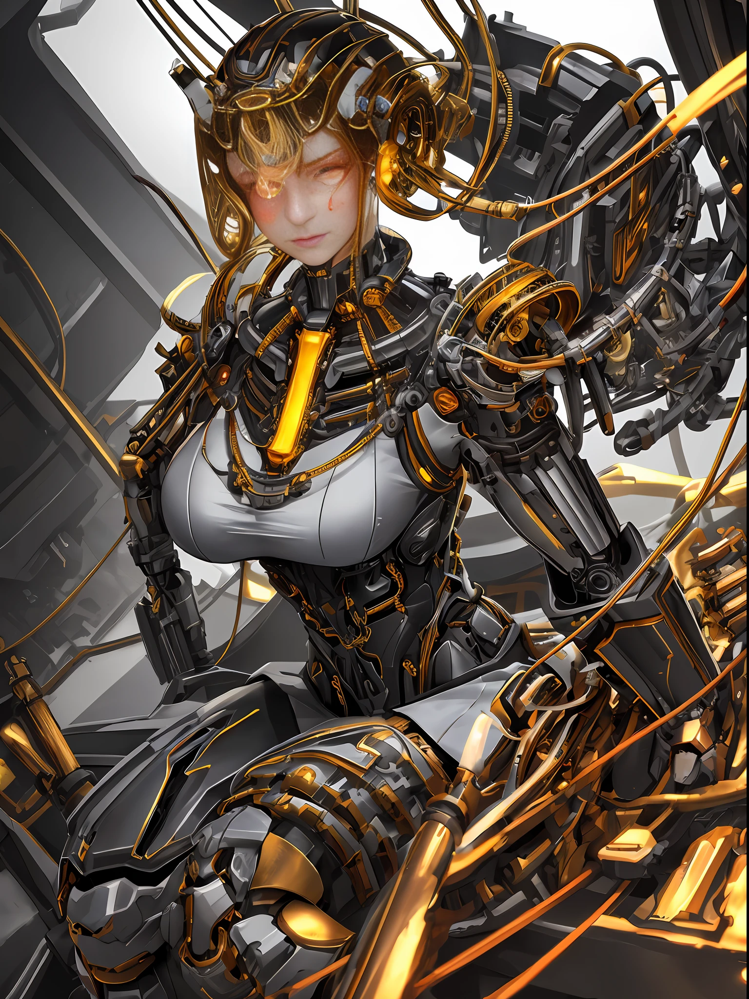 1 mechanical girl, ((ultra-realistic details)), portrait, global illumination, shadows, octane rendering, 8k, super sharp, metallic, complex, ornamental detailed, cool colors, Egyptian details, highly complex details, realistic light, CGsociety trends, glowing eyes, facing camera, neon details, mechanical limbs, blood vessels attached to tubes, mechanical vertebrae attached to the back, mechanical cervical vertebrae attached to the neck, sitting, wires and cables attached to the head, (gold), (stockings heel), (Red), (Black)