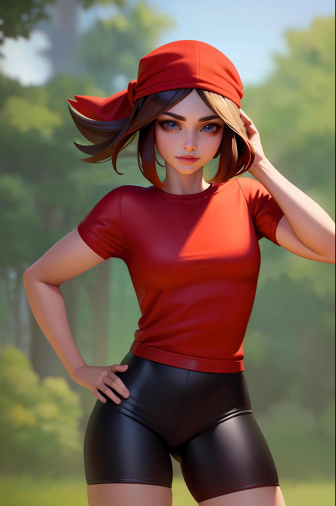 1girl, character_pokemon_may, bike shorts, red shirt, red bandana, realistic, hyperrealistic, masterpiece, highest quality, highly detailed, detailed face and eyes, official art, 8k