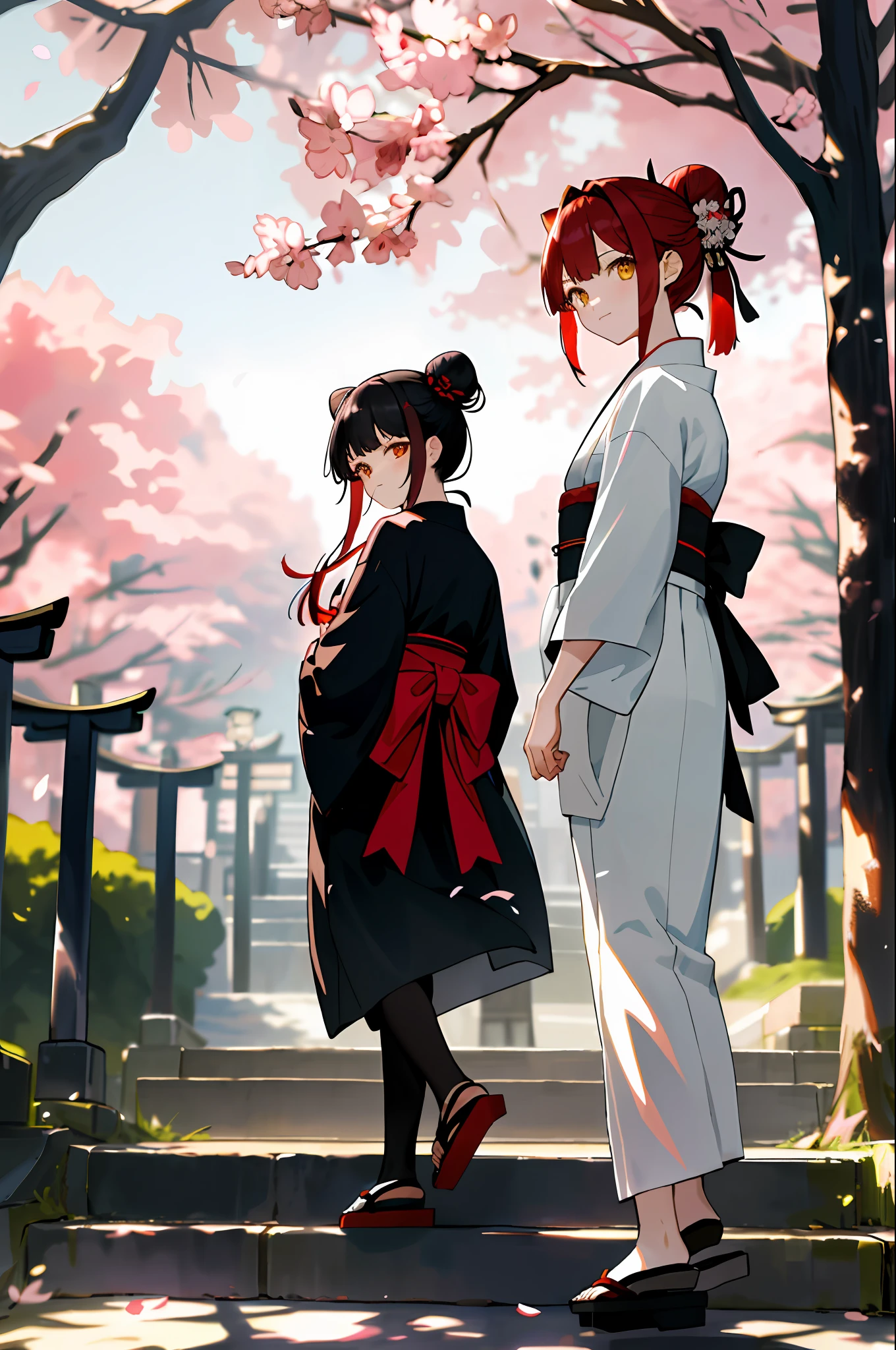 ((masterpiece,best quality)),2girls, black kimono, black legwear, black ribbon, black hair, cherry blossoms, day, flower, hair bun, hair ribbon, japanese clothes, kimono, long hair, looking at viewer, looking back, multiple girls, obi, outdoors, red eyes, red hair, ribbon, sandals, single hair bun, stairs, standing, statue, torii, tree, white kimono, yellow eyes