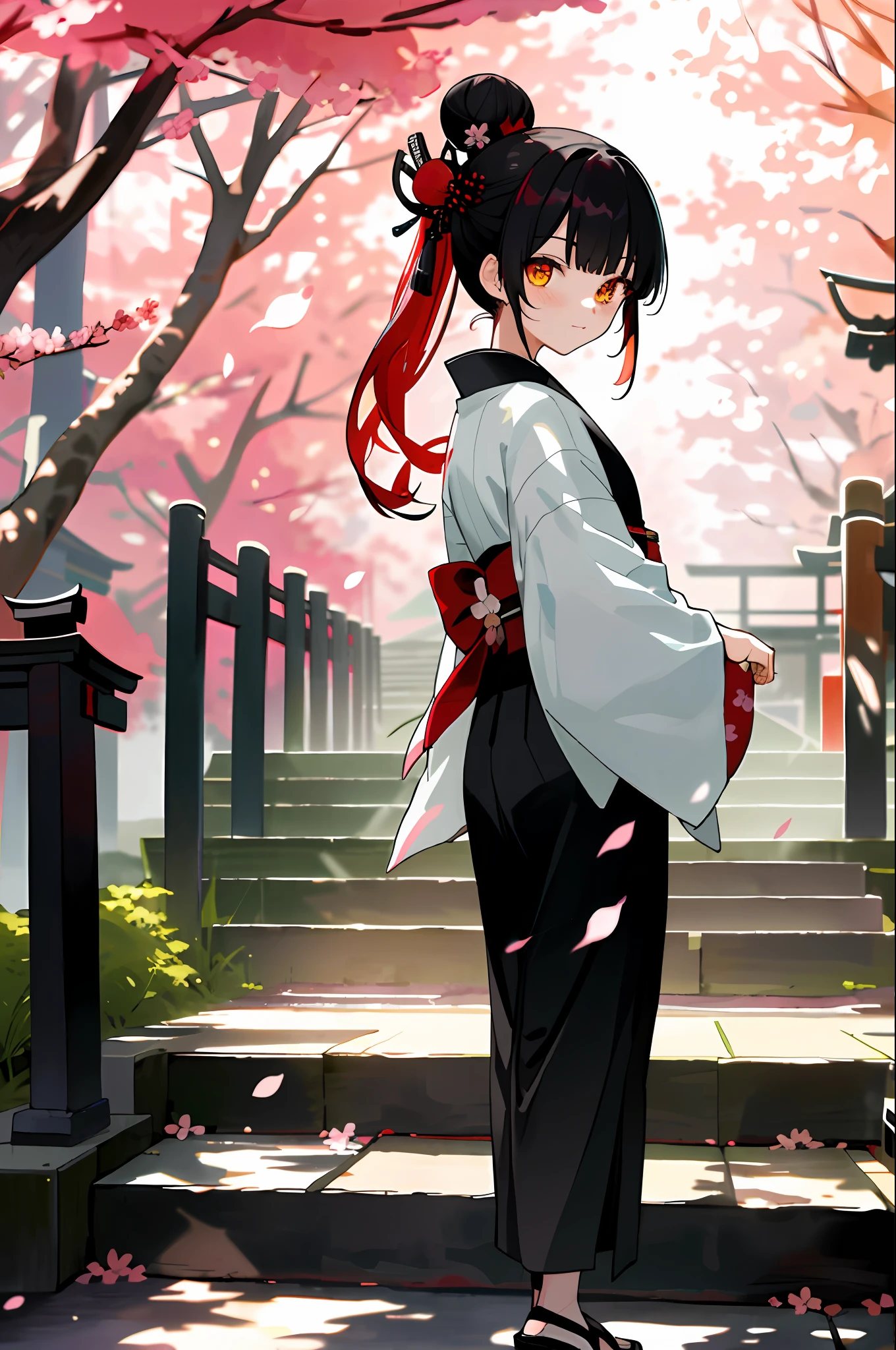 ((masterpiece,best quality)),2girls, black kimono, black legwear, black ribbon, black hair, cherry blossoms, day, flower, hair bun, hair ribbon, japanese clothes, kimono, long hair, looking at viewer, looking back, multiple girls, obi, outdoors, red eyes, red hair, ribbon, sandals, single hair bun, stairs, standing, statue, torii, tree, white kimono, yellow eyes