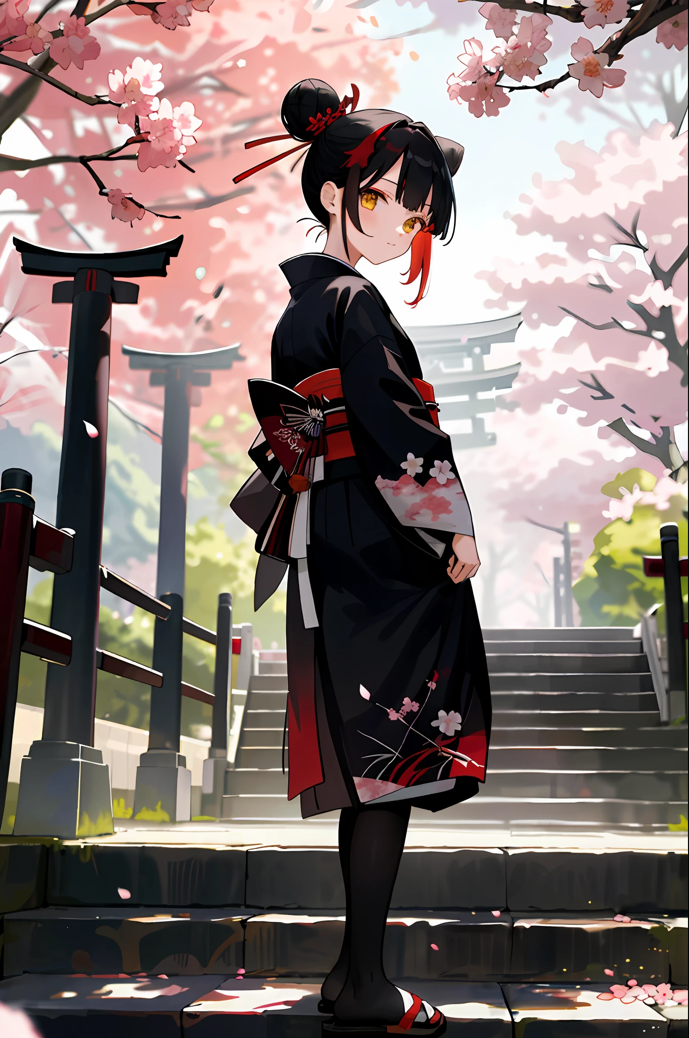 ((masterpiece,best quality)),2girls, black kimono, black legwear, black ribbon, black hair, cherry blossoms, day, flower, hair bun, hair ribbon, japanese clothes, kimono, long hair, looking at viewer, looking back, multiple girls, obi, outdoors, red eyes, red hair, ribbon, sandals, single hair bun, stairs, standing, statue, torii, tree, white kimono, yellow eyes