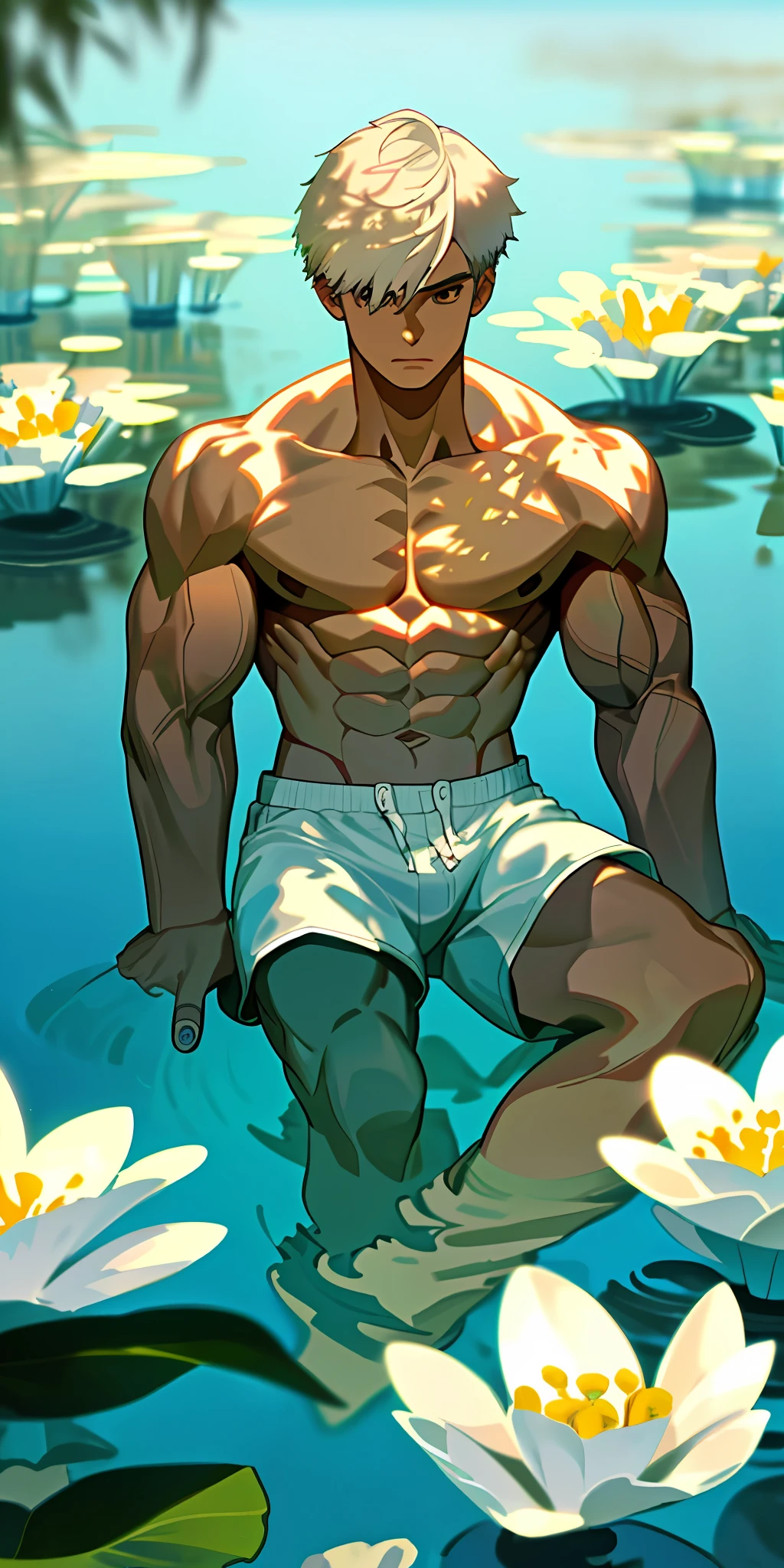 (masterpiece, best quality),1boy with short white hair sitting in a lake full of flowers, his hands in water, warm lighting, white shorts, blurry foreground, muscular body, Indian face, tall body, shirtless, large muscles