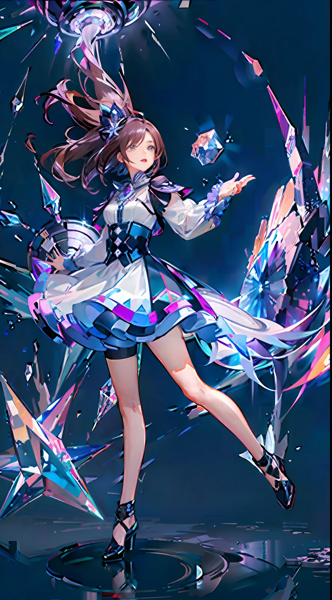 Center character, dynamic pose, rich background composition, water, crystal, gemstone, universe, spark, girl, fantastic, super high definition, various colors, purple, space, sky, (dark hair), masterpiece, high quality