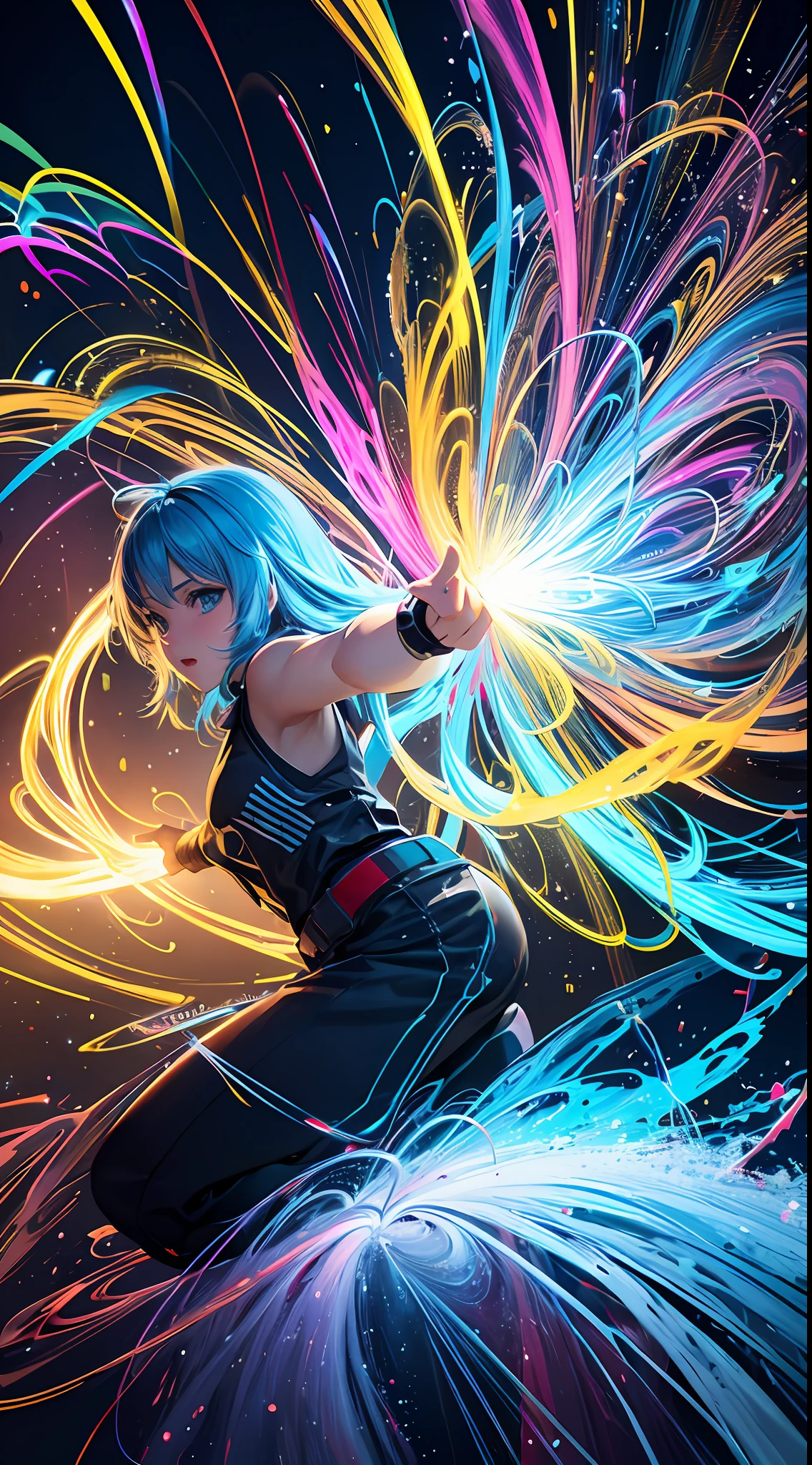 light painting, (long exposure:1.2),dynamic streaks, luminous trails, vibrant colors, fluid movement, captivating patterns, creative experimentation,(1girl:1.4),cowboy shot,
