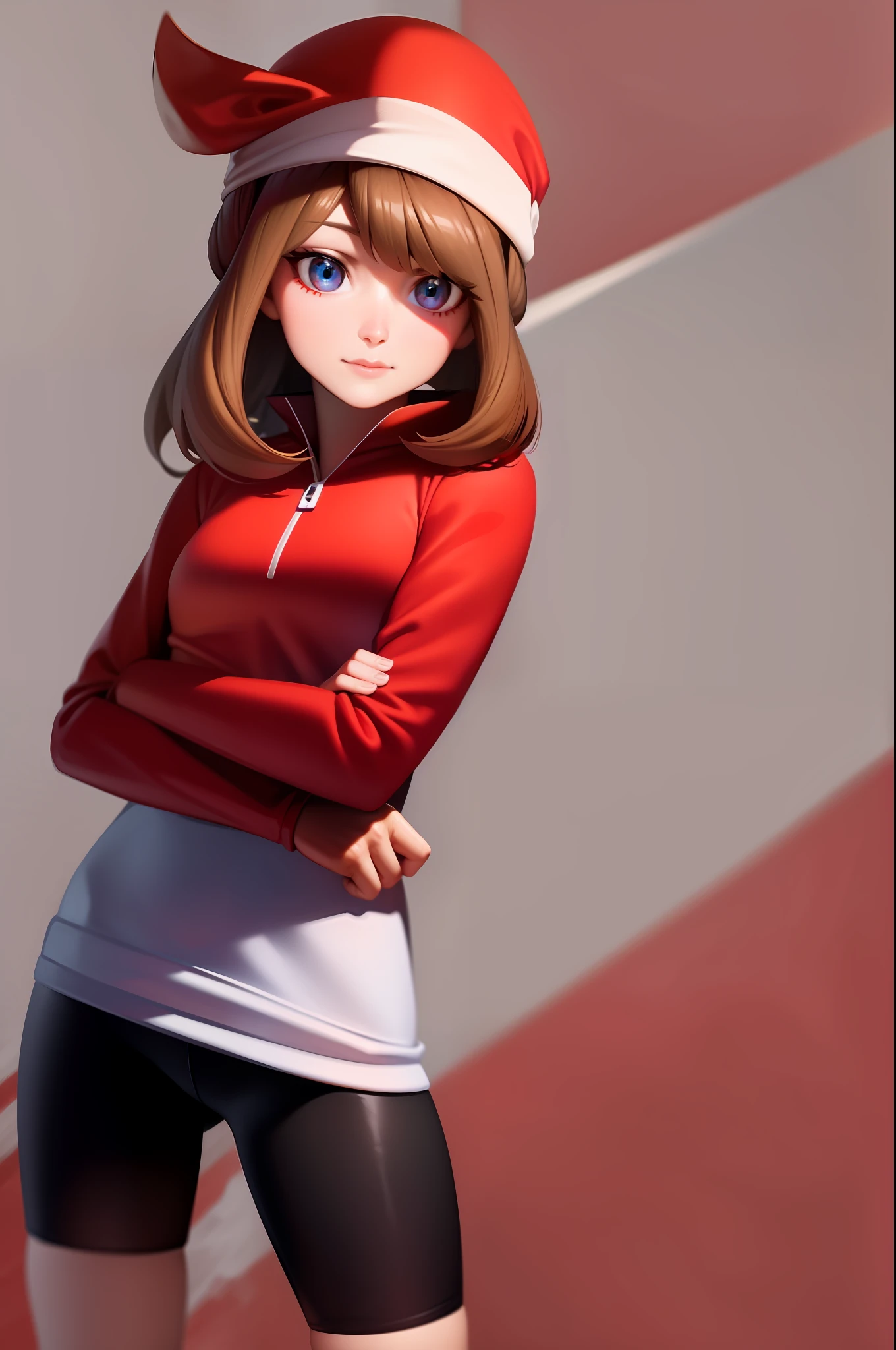 1girl, character_pokemon_may, bike shorts, red shirt, red bandana, realistic, hyperrealistic, masterpiece, highest quality, highly detailed, detailed face and eyes, official art, 8k