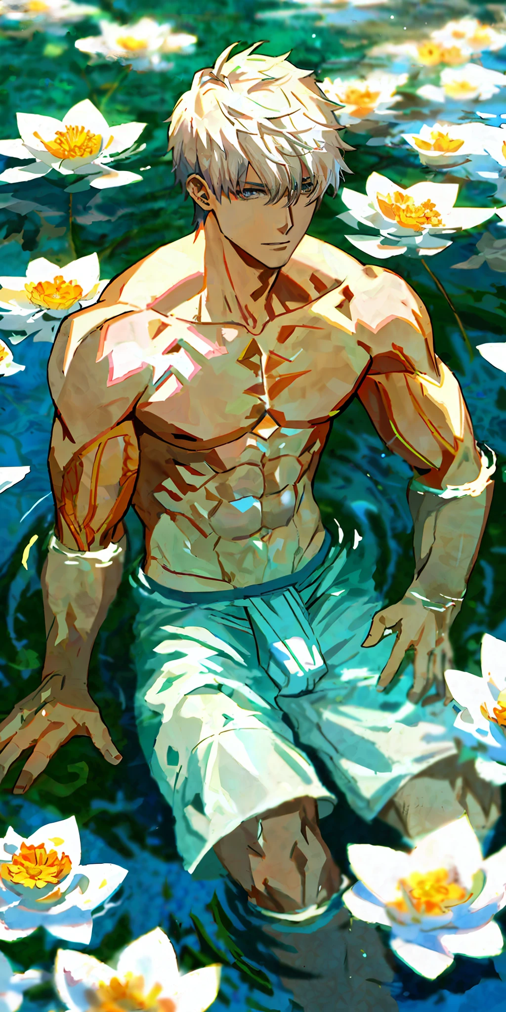 anime guy in a pool of water with flowers, shirtless :: high detail, full body close-up shot, muscular!!, top rated on pixiv, advanced digital anime art ”, handsome saitama, myth of narcissus, handsome guy in demon slayer art, handsome anime pose, sfw version, muscular!, at pixiv, male art, attractive male deity