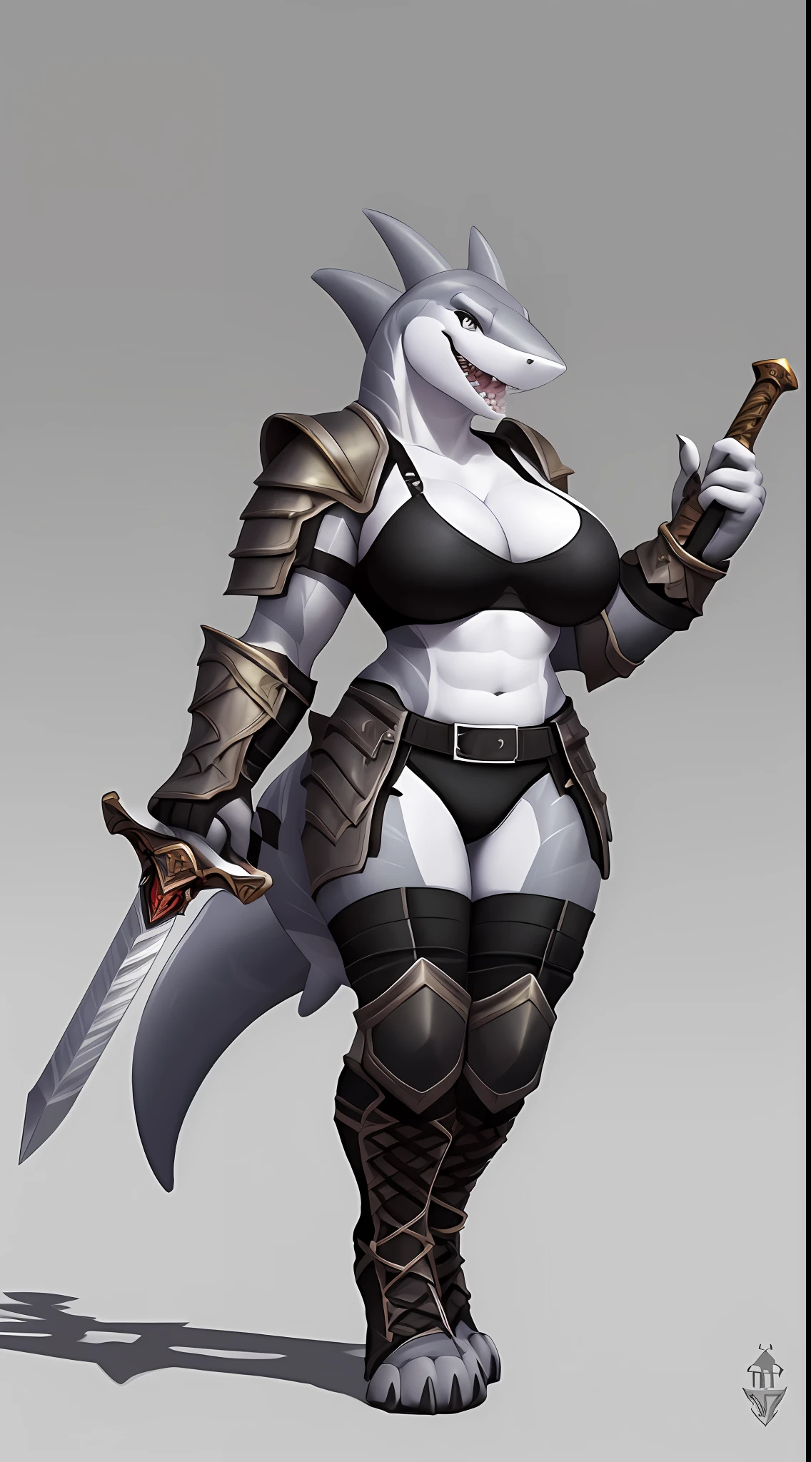 (Shark), anthro, (wearing tube top), (wearing armor leggings), high detail, high resolution, raw photo, gray background, 1girl, solo, big breasts, high quality, hi res, sharp, detailed body, detailed, cartoony, ((looking at viewer)), angry, mad, chubby, muffin top, whole body, ((full body portrait)), far away, (((full body concept))), attack pose, battle pose, sword pose, ((holding sword)), Medieval, rpg
